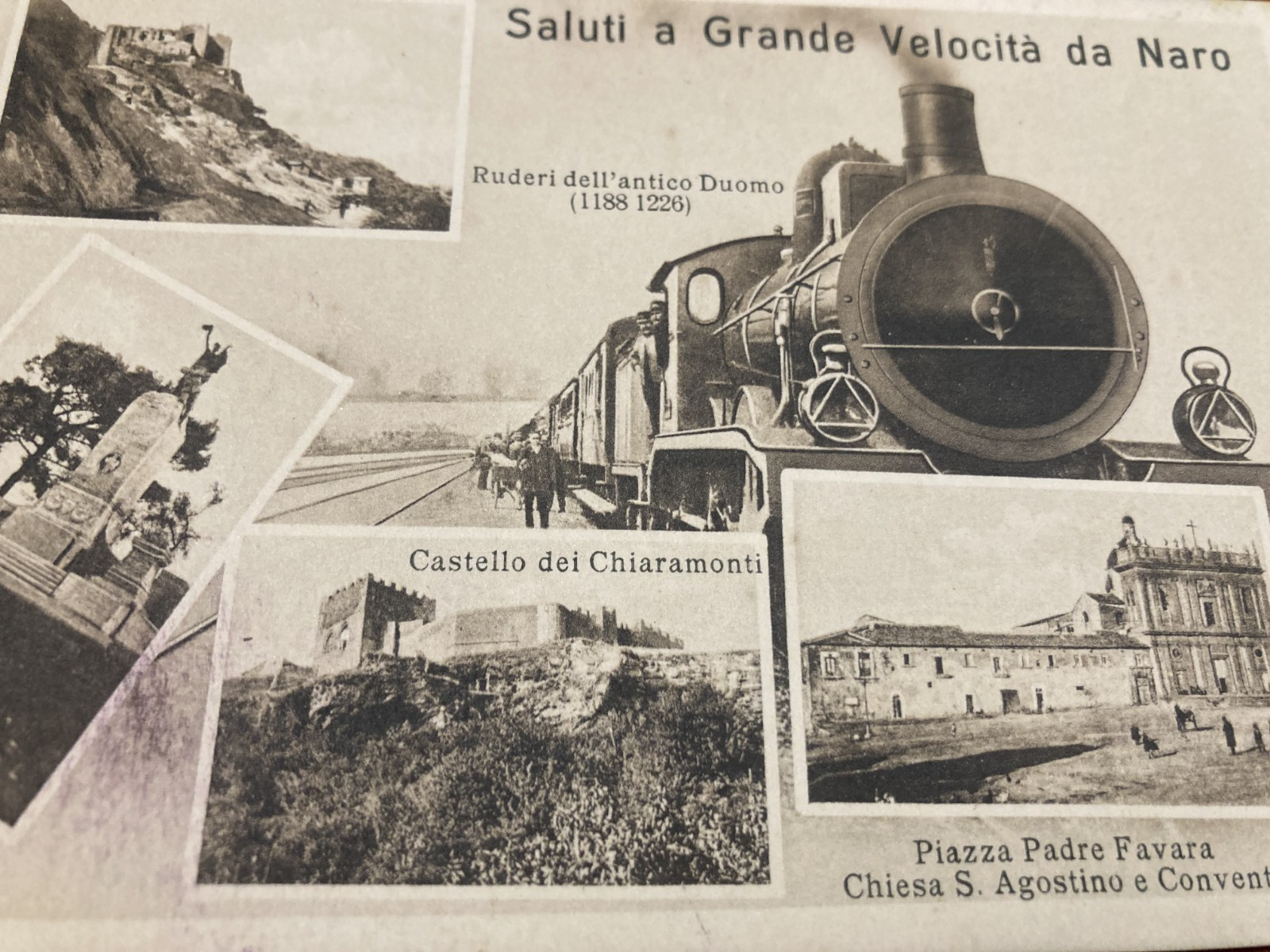 Sicilia, Agrigento, Naro. Antica Cartolina: Treno, Ferrovia, Chiaramonti, Ruderi Duomo