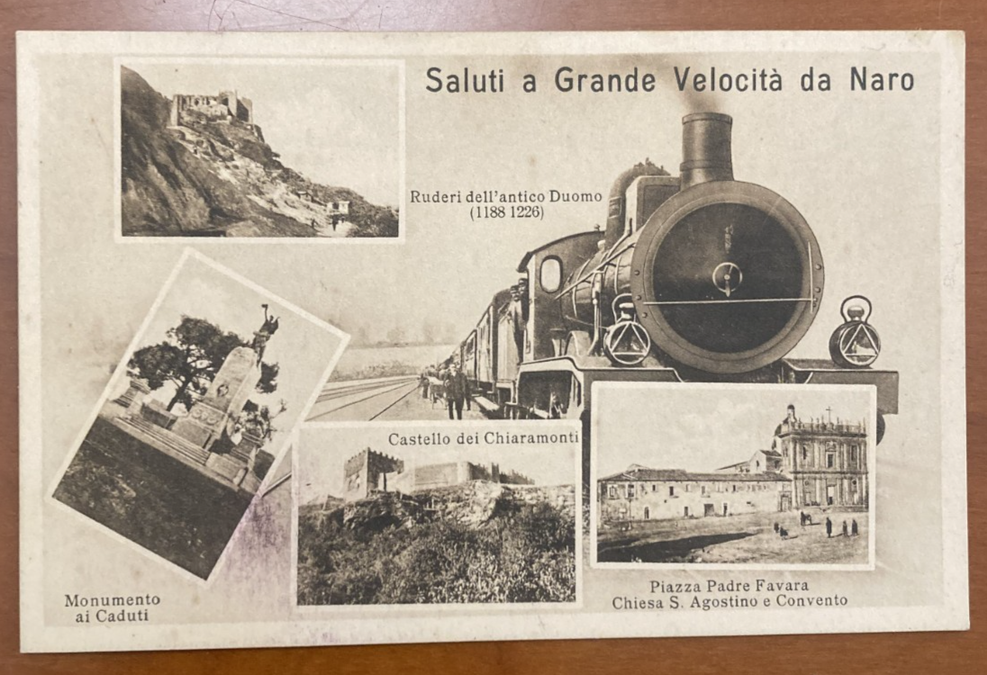 Sicilia, Agrigento, Naro. Antica Cartolina: Treno, Ferrovia, Chiaramonti, Ruderi Duomo