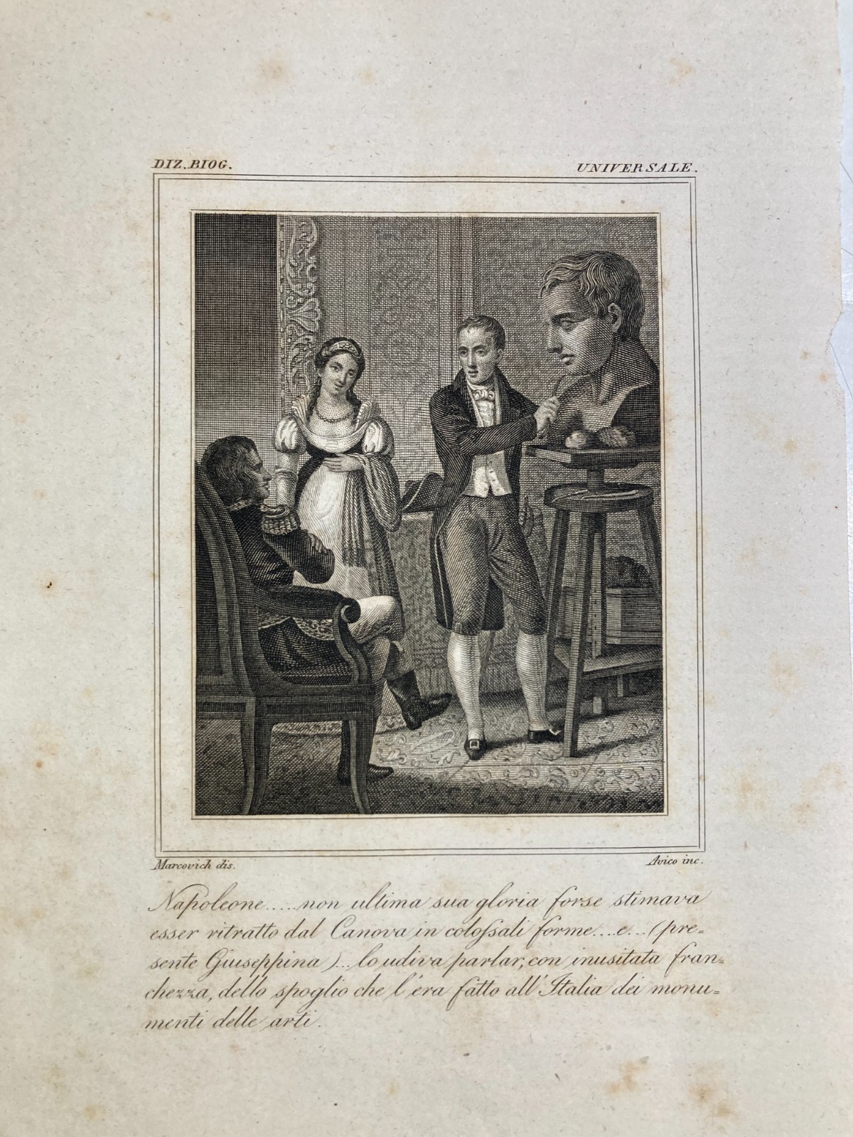 Scultura, Canova, Napoleone E Giuseppina. Antica Incisione Di Avico Su Disegno Di Marcovich, XIX Secolo