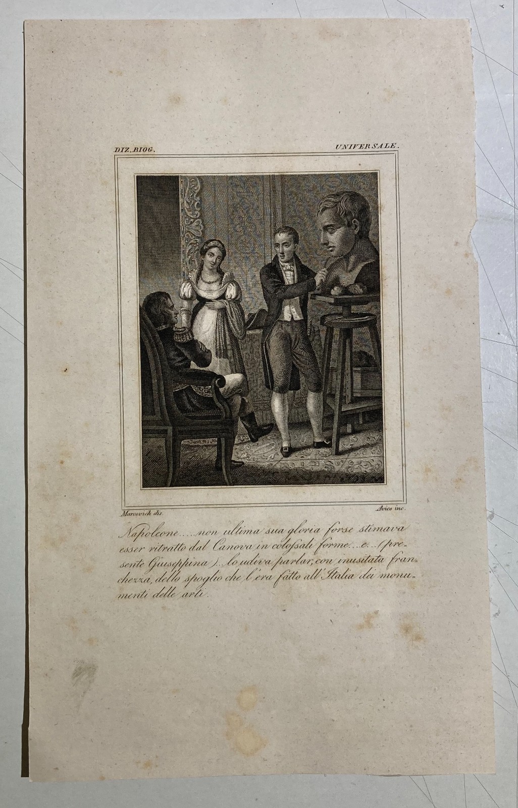 Scultura, Canova, Napoleone E Giuseppina. Antica Incisione Di Avico Su Disegno Di Marcovich, XIX Secolo