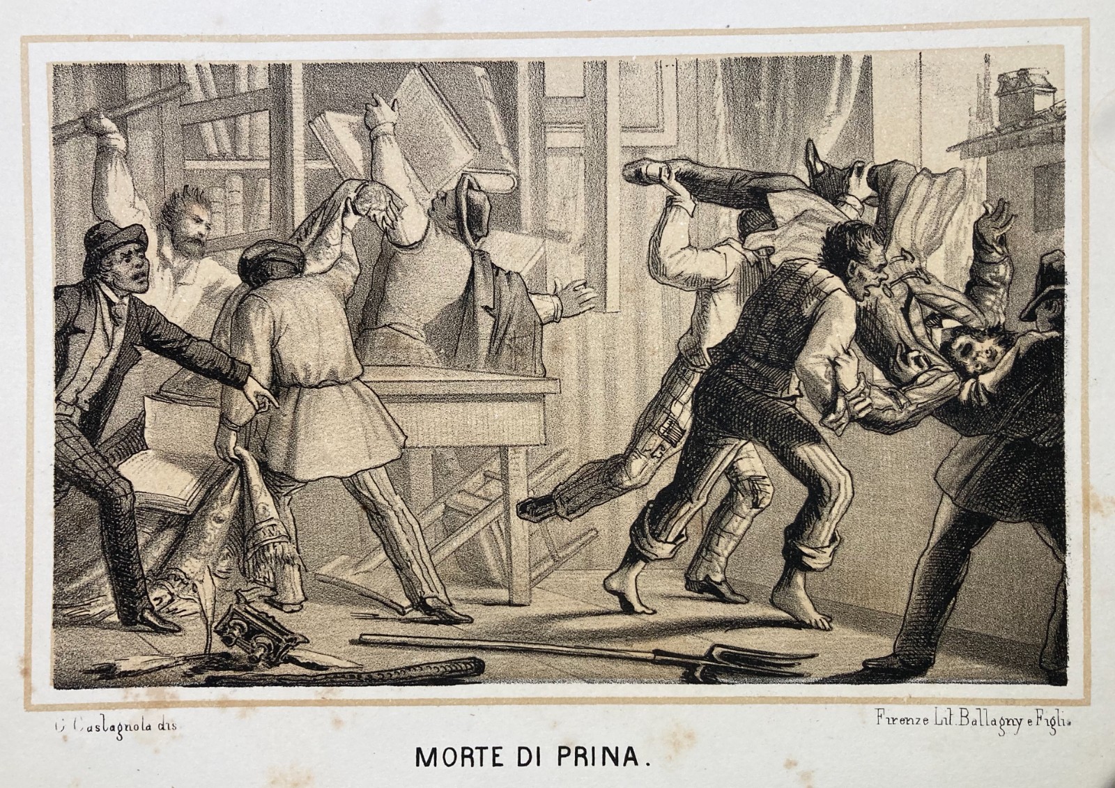 Risorgimento Italiano: Morte Di Prina. Litografia Di G. Castagnola, Ballagny, Metà XIX Secolo