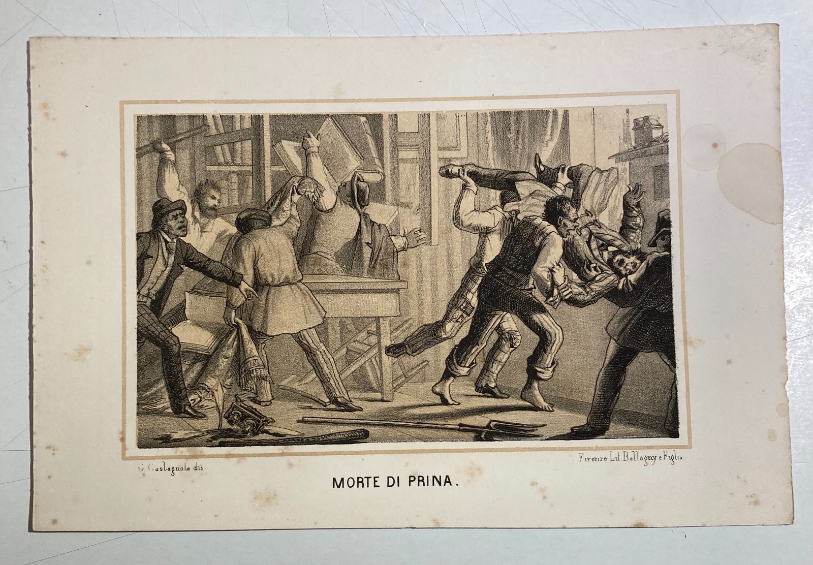 Risorgimento Italiano: Morte Di Prina. Litografia Di G. Castagnola, Ballagny, Metà XIX Secolo