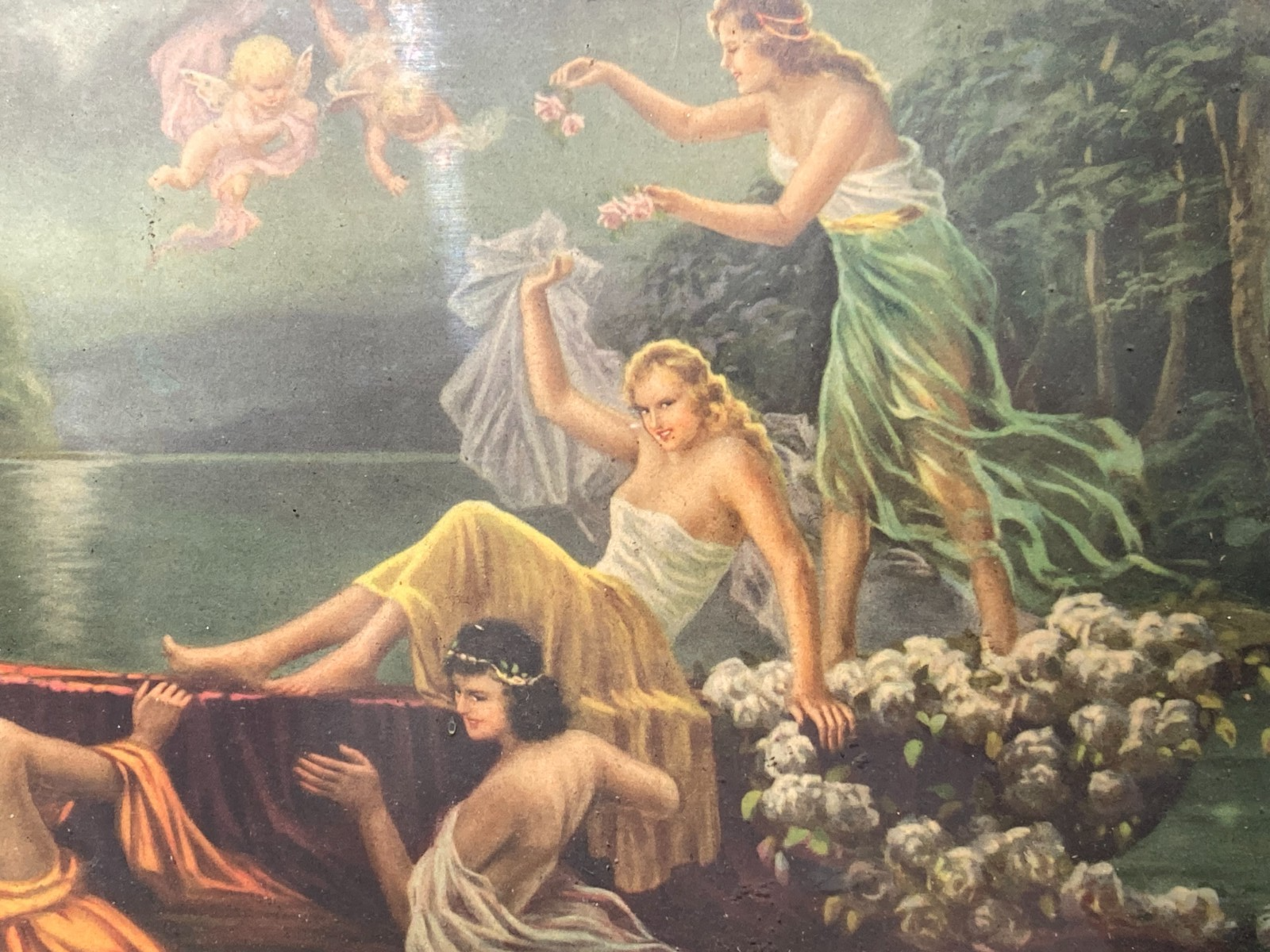 Scena Mitologica Con Ninfe E Puttini   Lago Con Castello   Stampa Oleografica