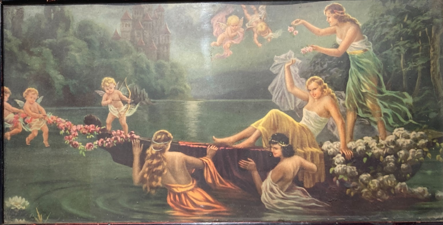 Scena Mitologica Con Ninfe E Puttini   Lago Con Castello   Stampa Oleografica