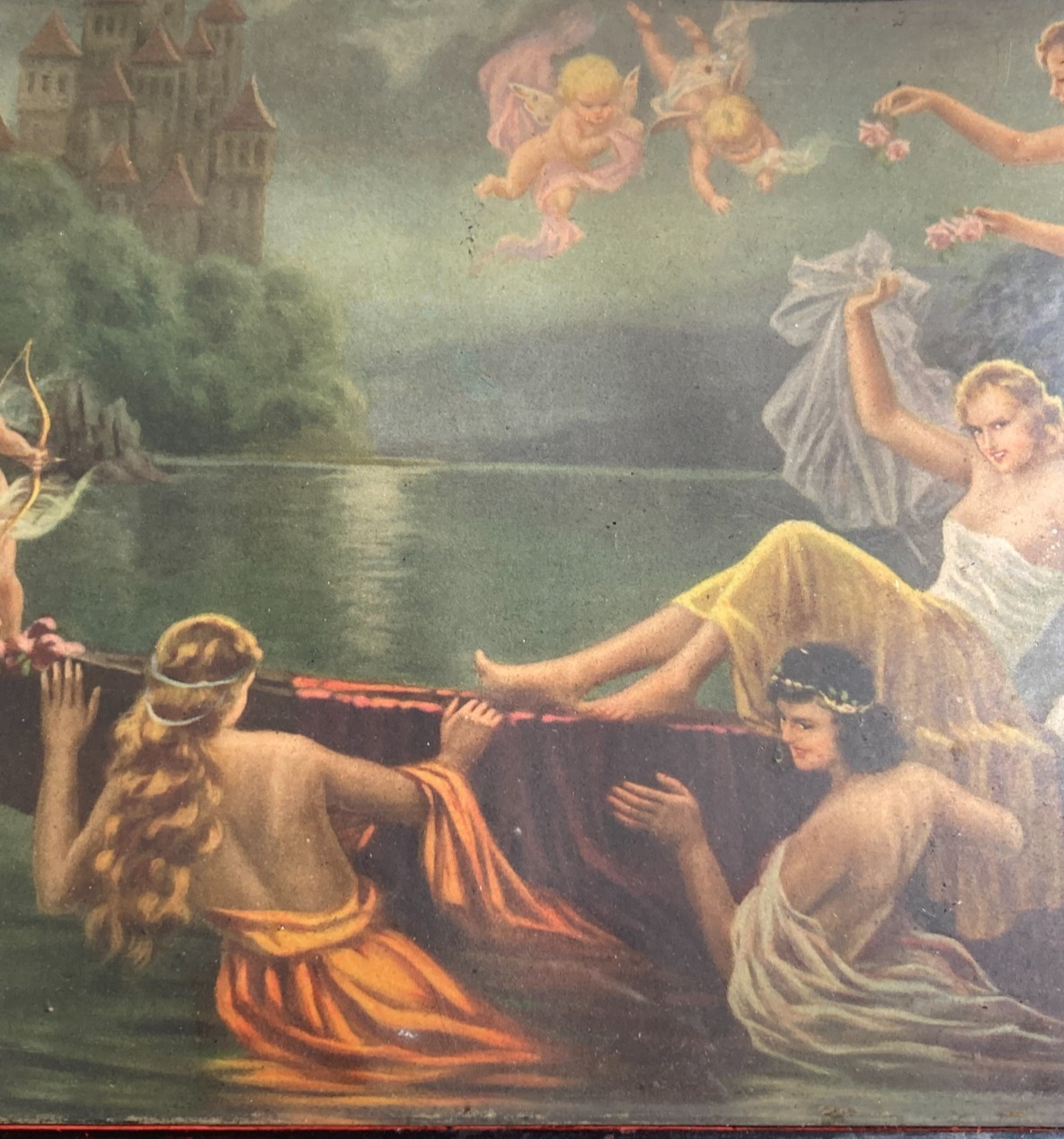 Scena Mitologica Con Ninfe E Puttini   Lago Con Castello   Stampa Oleografica
