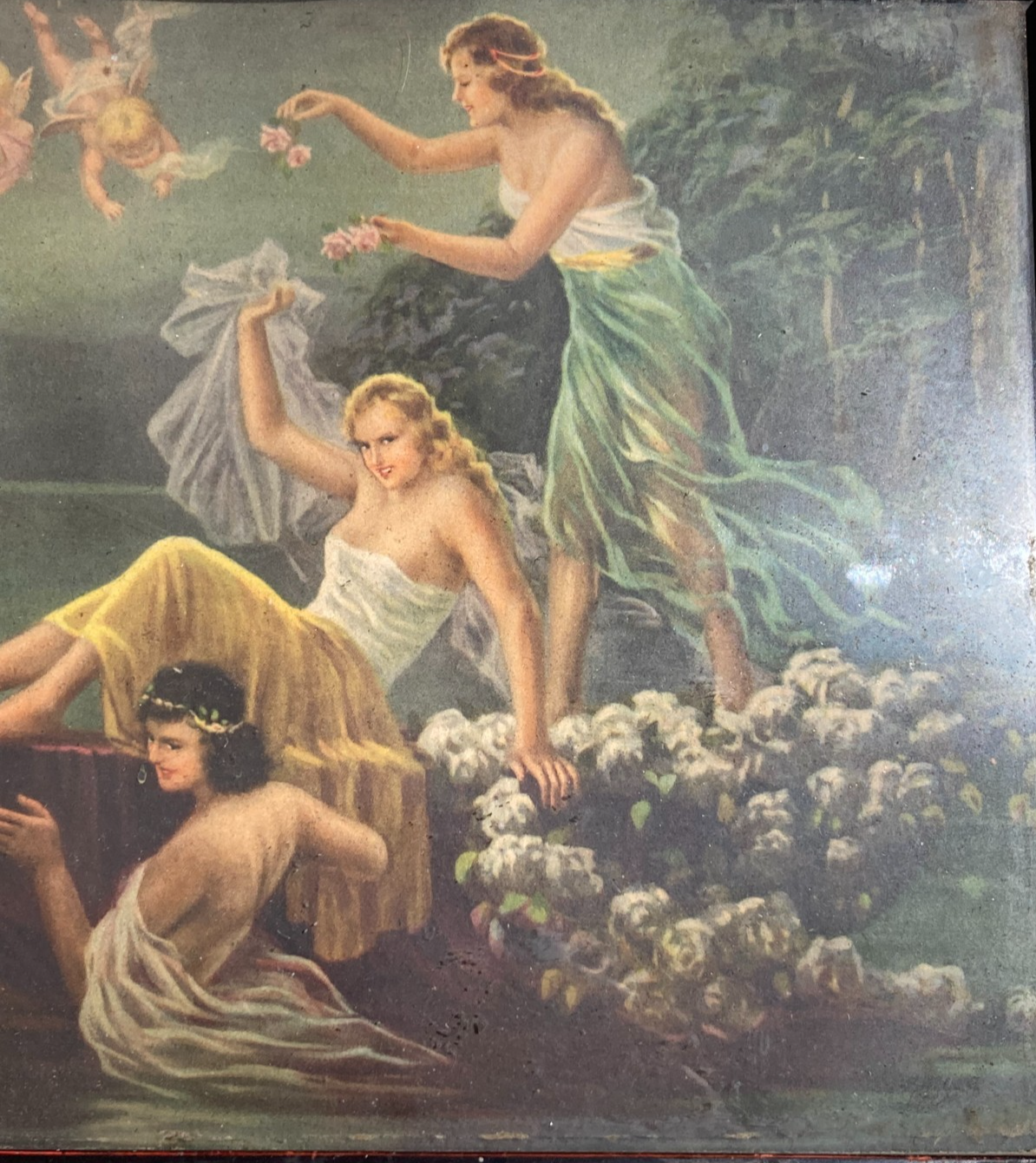 Scena Mitologica Con Ninfe E Puttini   Lago Con Castello   Stampa Oleografica