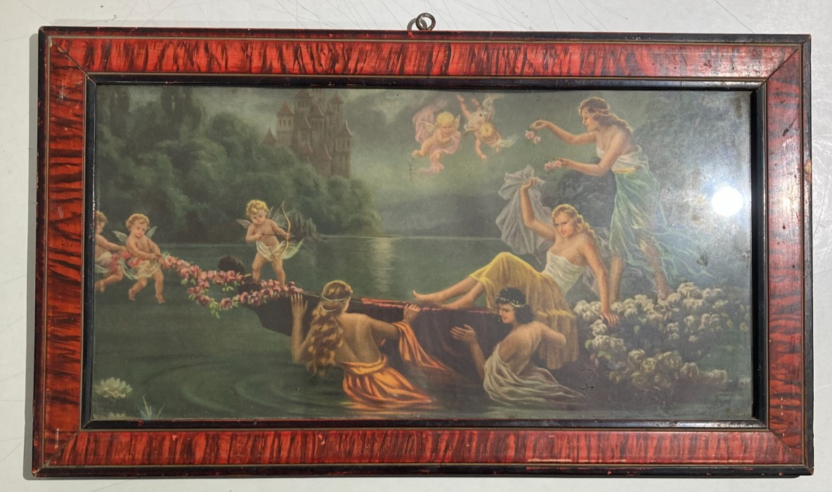 Scena Mitologica Con Ninfe E Puttini   Lago Con Castello   Stampa Oleografica