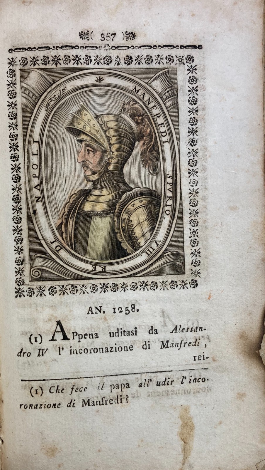 Re Manfredi. Ritratto In Armatura. Incisione All'Acquaforte Del XVIII Secolo.