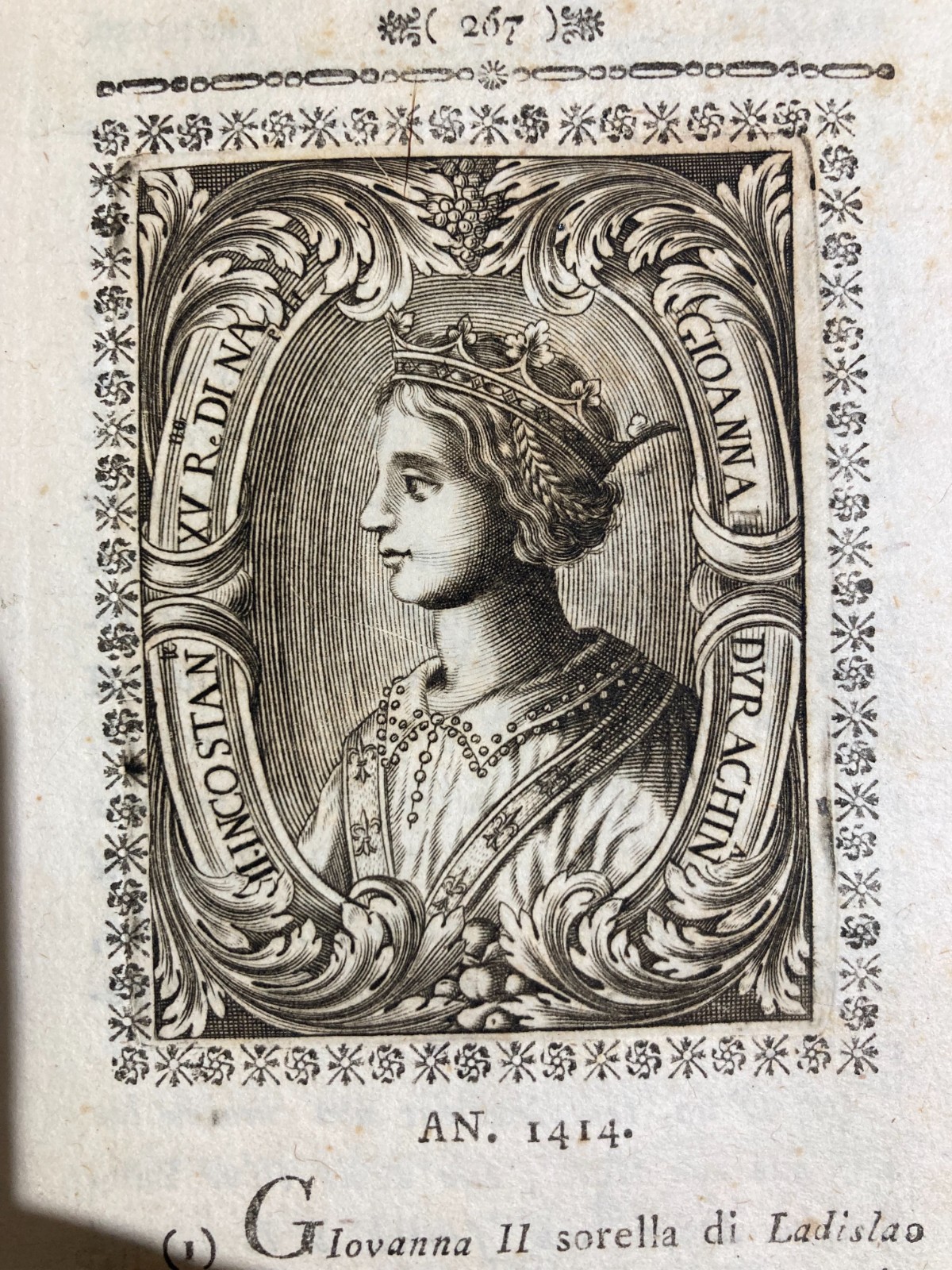 Storia Antica Napoletana: Ritratto Di Regina Giovanna. Incisione Del XVIII Secolo
