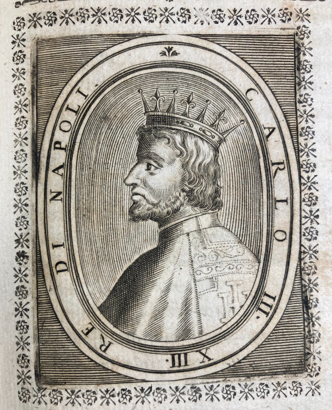 Storia Antica Napoletana: Ritratto Di Re Carlo III Di Borbone, Incisione Del XVIII Secolo