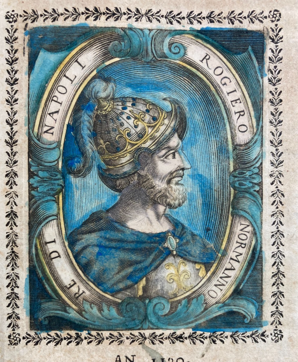 Storia Antica Napoletana. Ritratto Di Re Ruggero. Incisione Del Settecento.