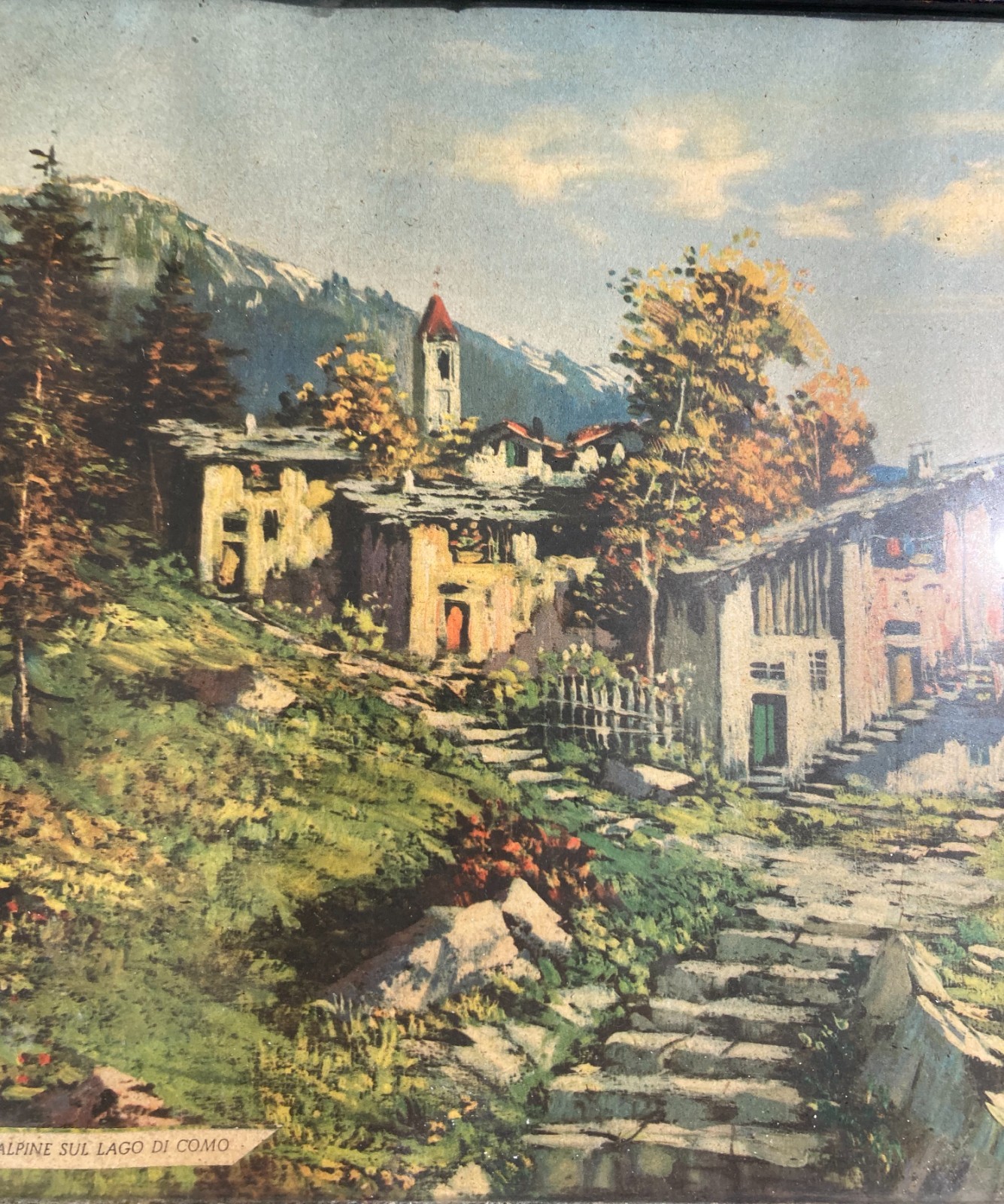 Lago Di Como, Case Alpine: Veduta Paesaggistica Lacustre. Stampa d'Epoca