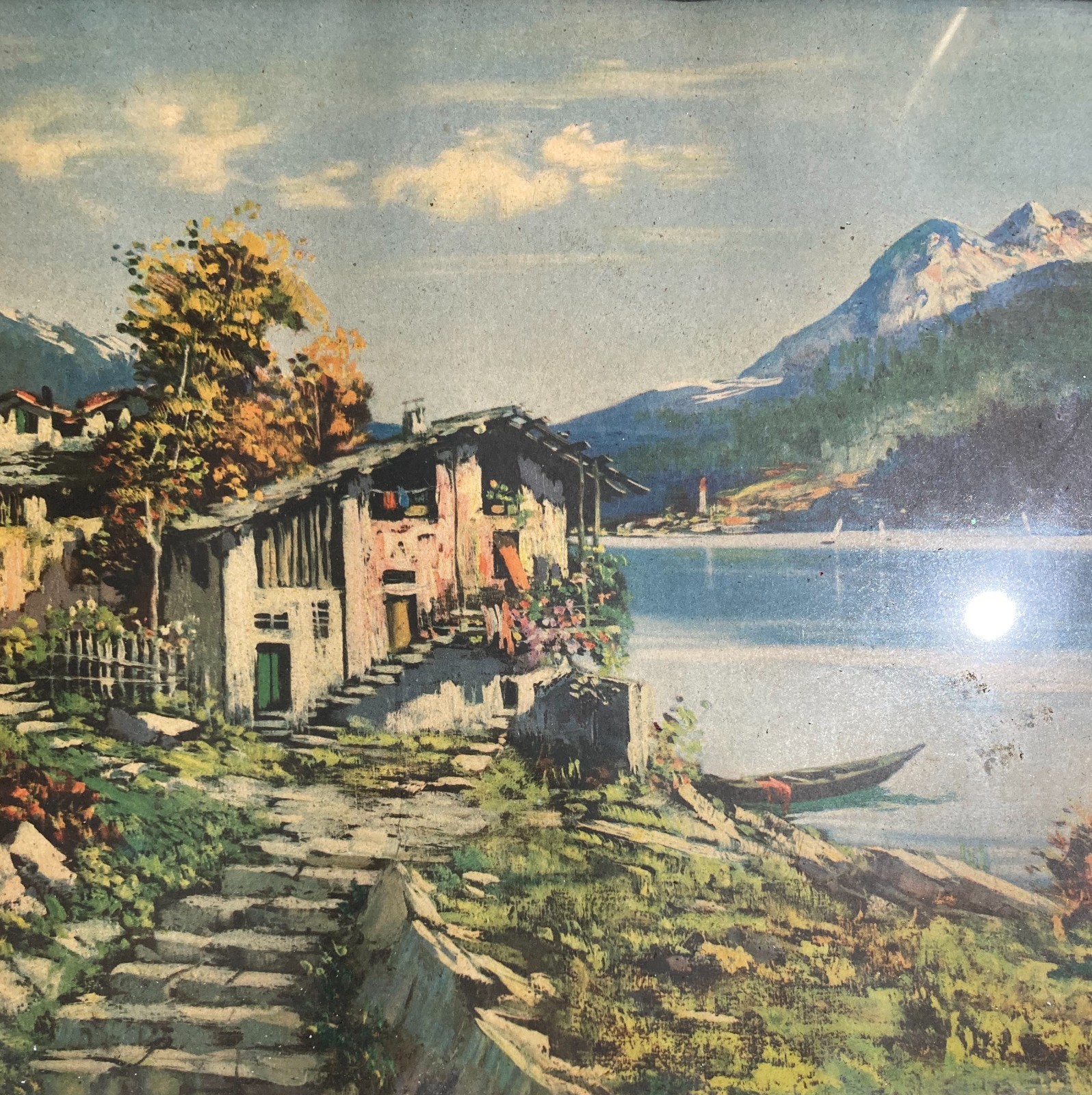 Lago Di Como, Case Alpine: Veduta Paesaggistica Lacustre. Stampa d'Epoca