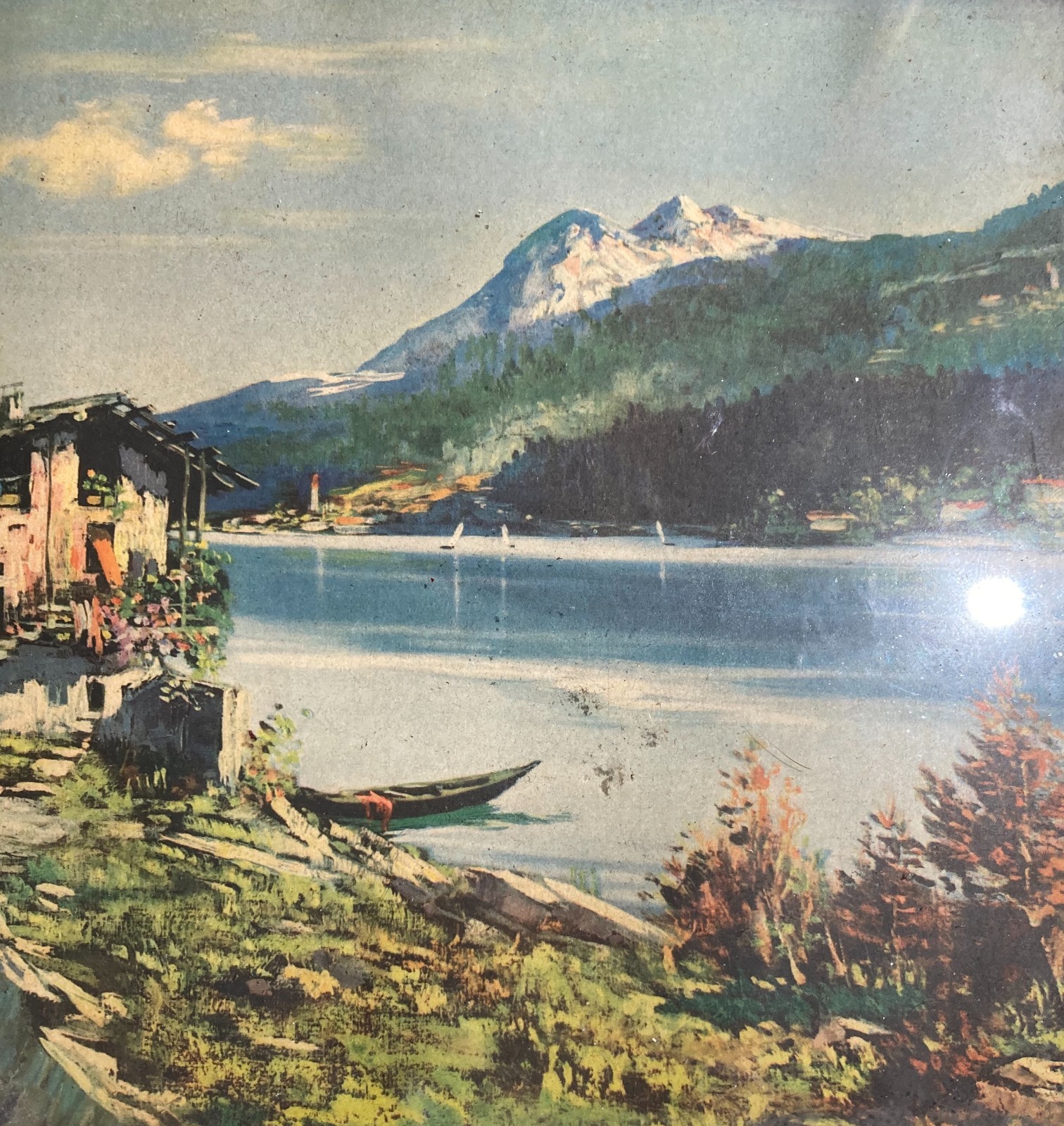 Lago Di Como, Case Alpine: Veduta Paesaggistica Lacustre. Stampa d'Epoca