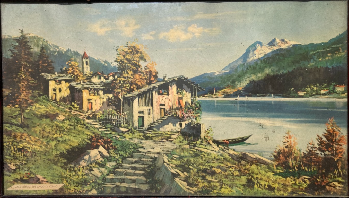 Lago Di Como, Case Alpine: Veduta Paesaggistica Lacustre. Stampa d'Epoca