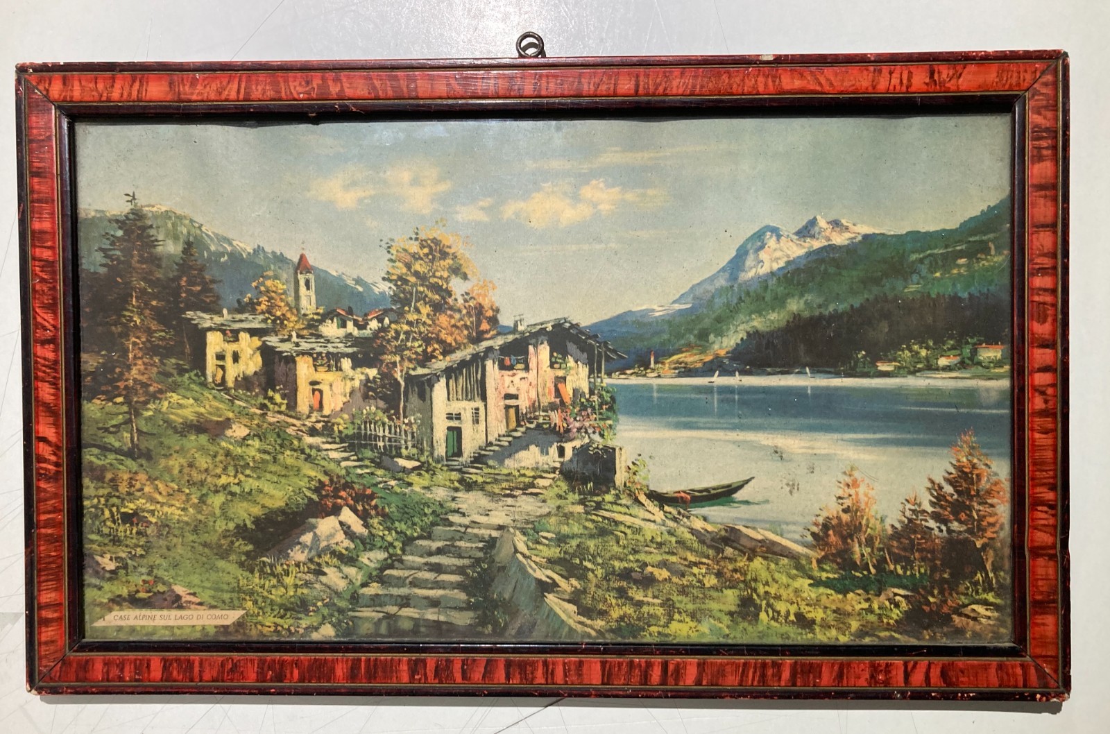 Lago Di Como, Case Alpine: Veduta Paesaggistica Lacustre. Stampa d'Epoca