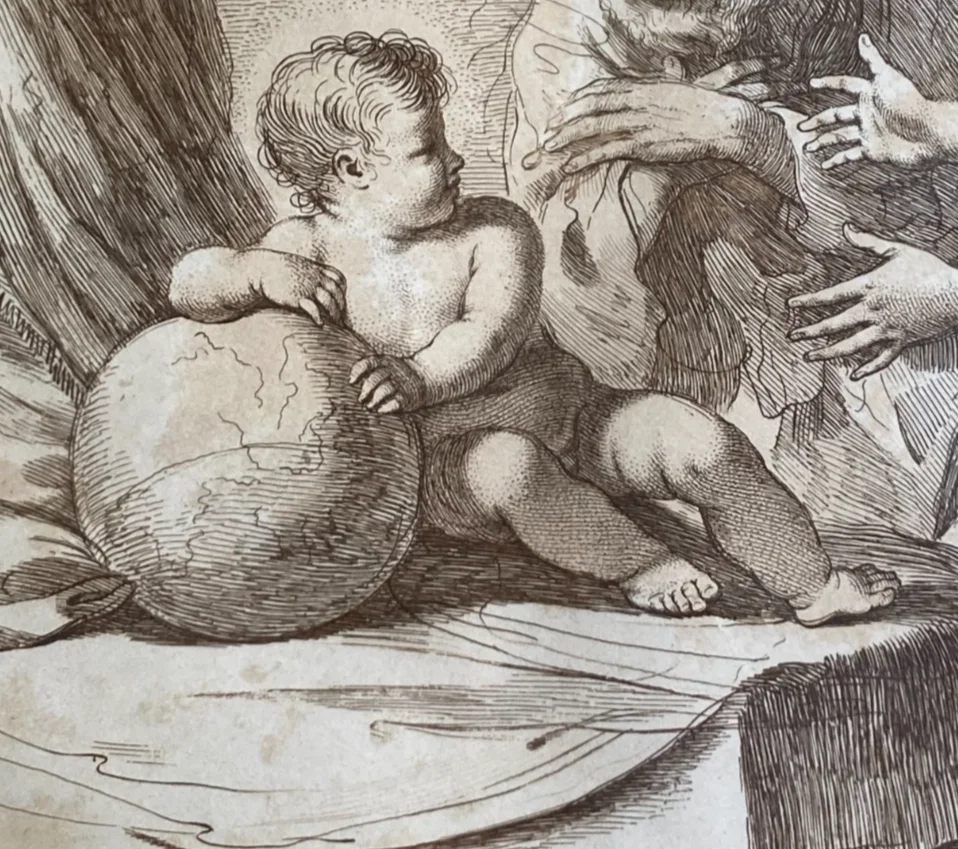 Motherhood, Holy Family: Antique Engraving by Francesco Bartolozzi after a Drawing by Guercino