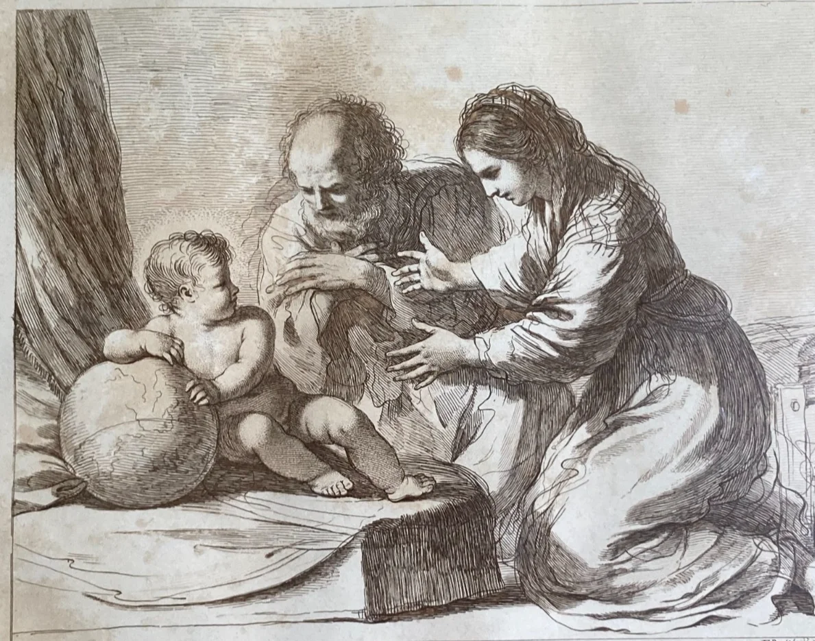 Motherhood, Holy Family: Antique Engraving by Francesco Bartolozzi after a Drawing by Guercino