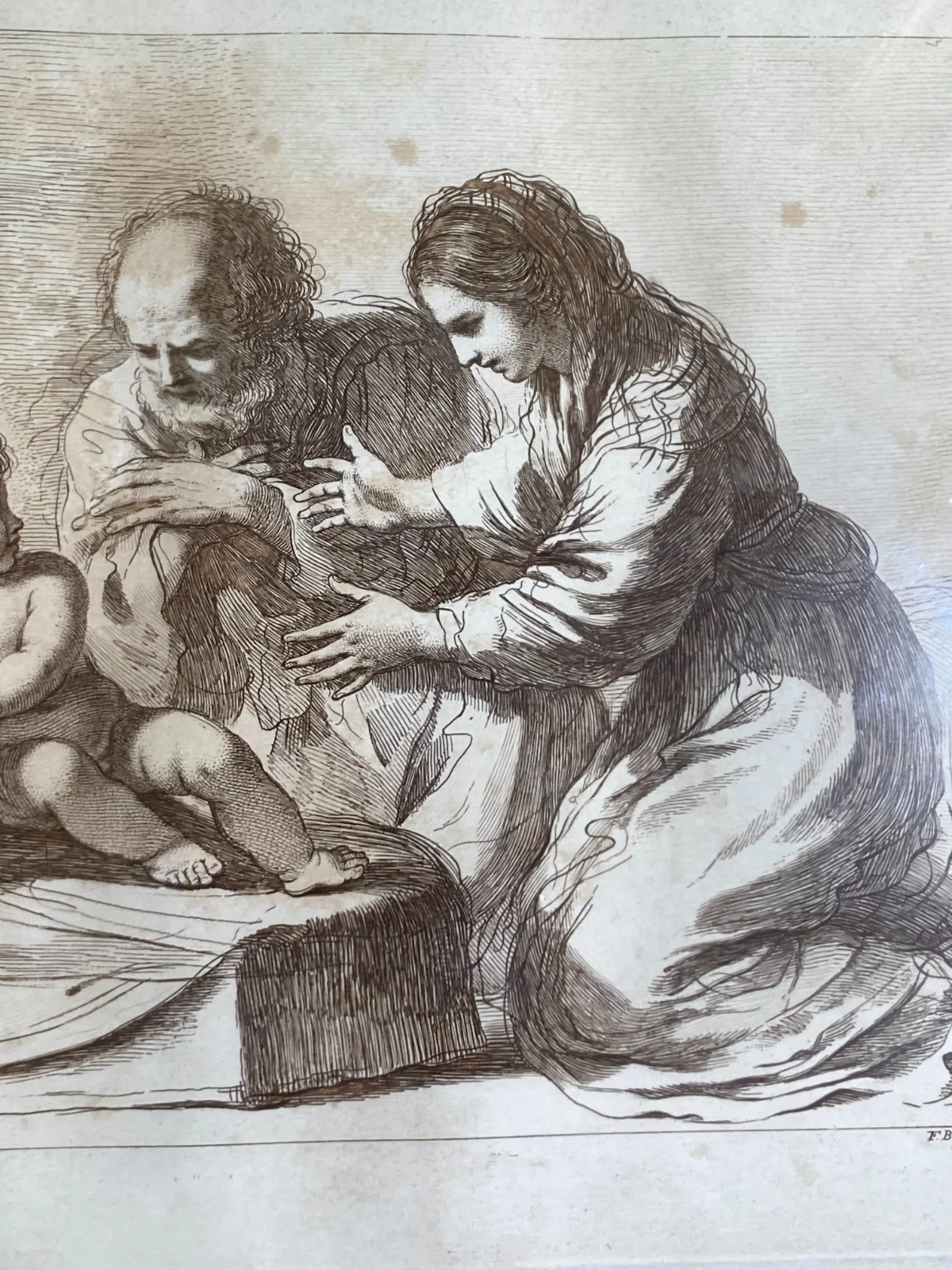 Motherhood, Holy Family: Antique Engraving by Francesco Bartolozzi after a Drawing by Guercino