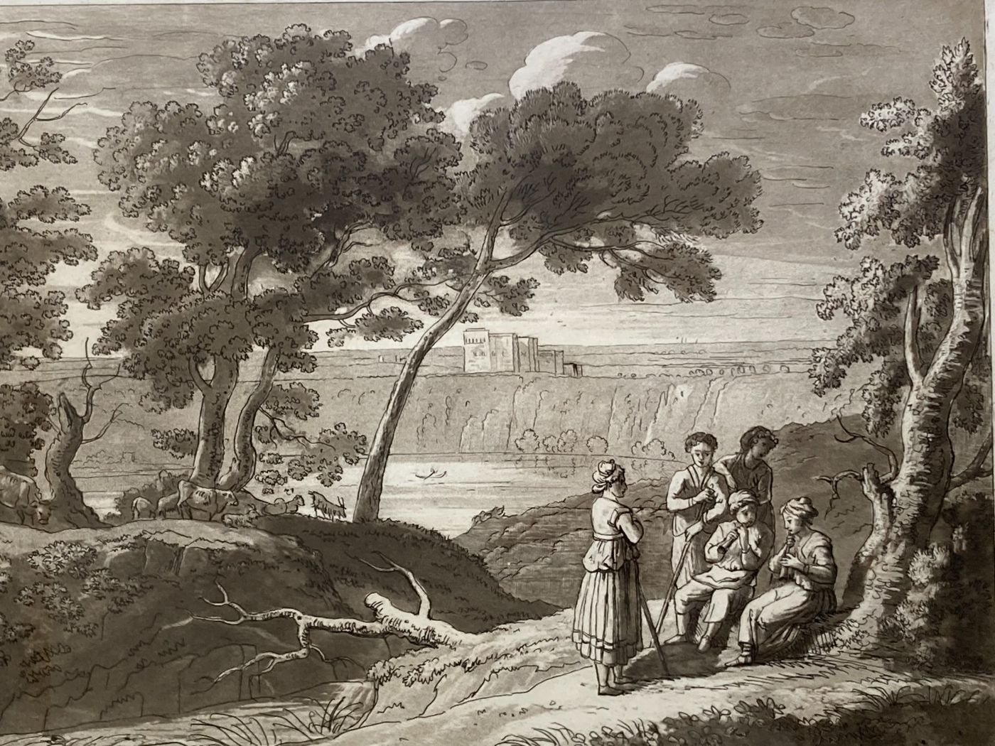 Antica Veduta Pastorale Con Musicanti   Artista Claude Lorrain   Incisore L. Caracciolo