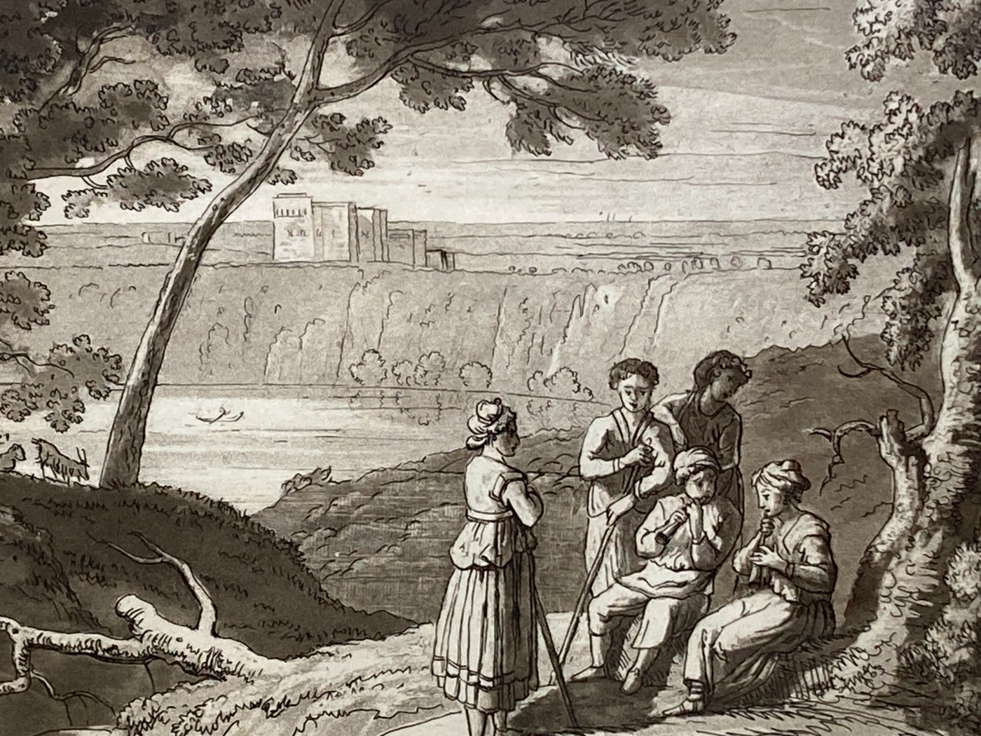 Antica Veduta Pastorale Con Musicanti   Artista Claude Lorrain   Incisore L. Caracciolo