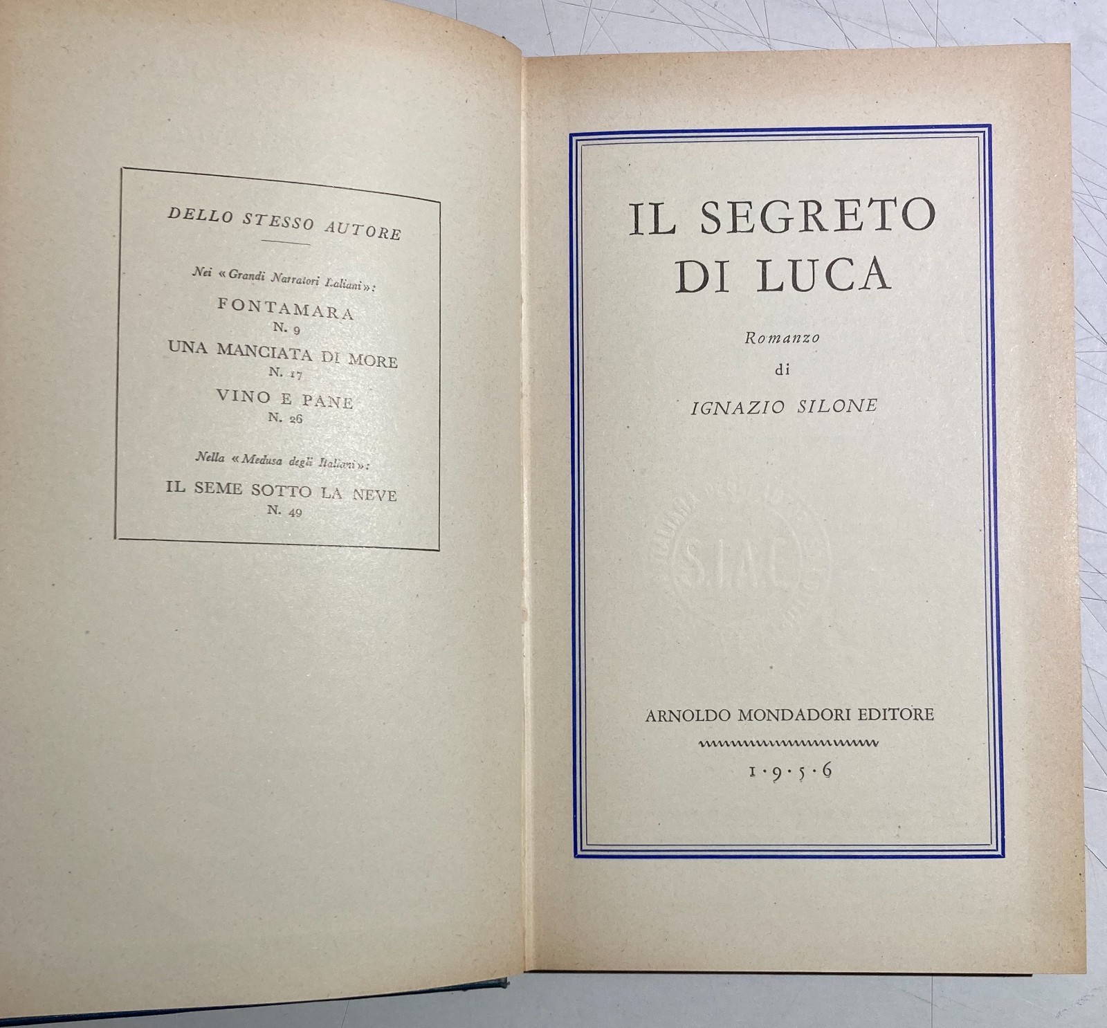 Abruzzo, Marsica. Il Segreto Di Luca Di Ignazio Silone. Edizione Mondadori 1956