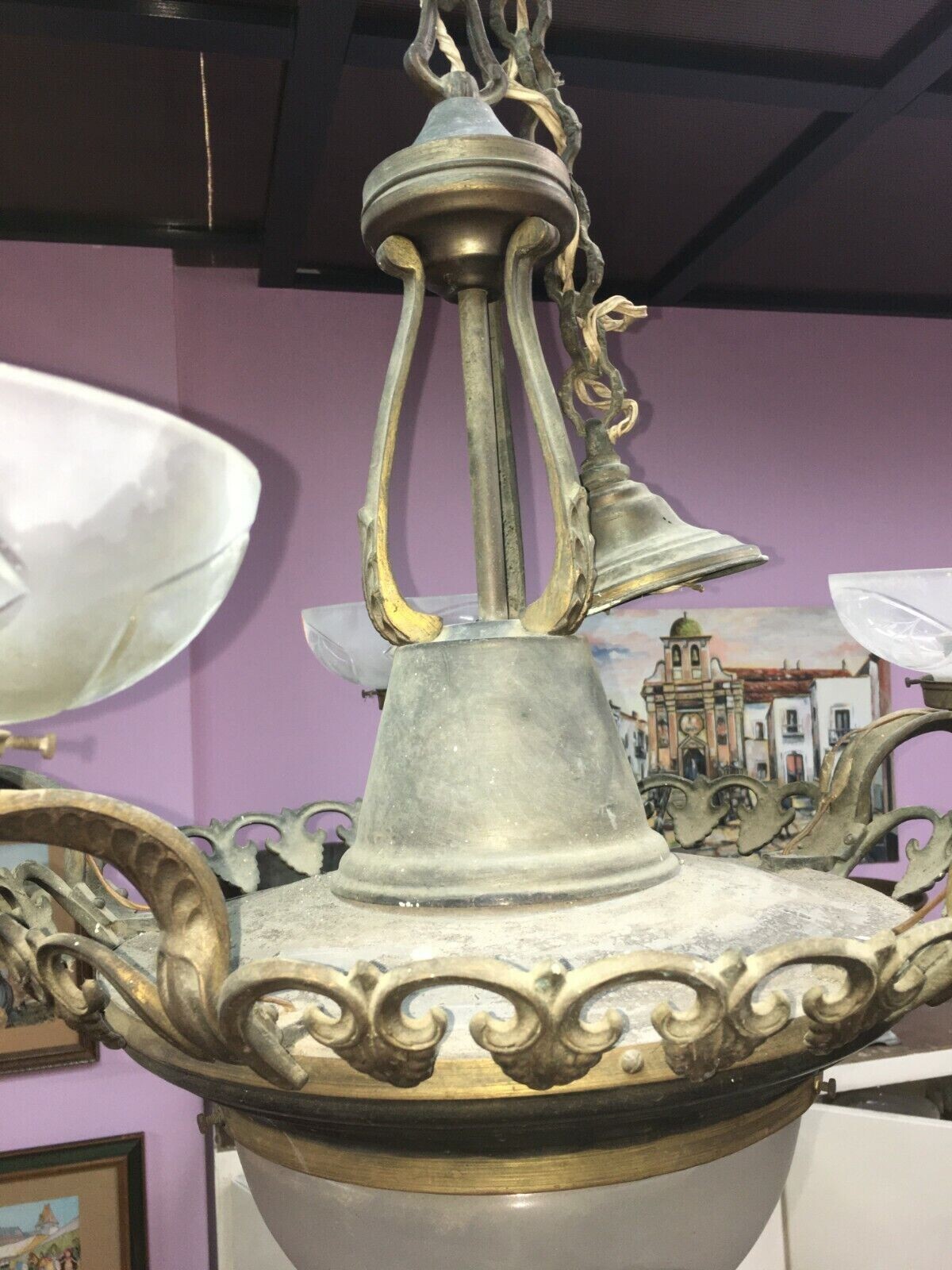 Arredi Antichi   Lampada A Sospensione Decorativa Con Vetri Incisi