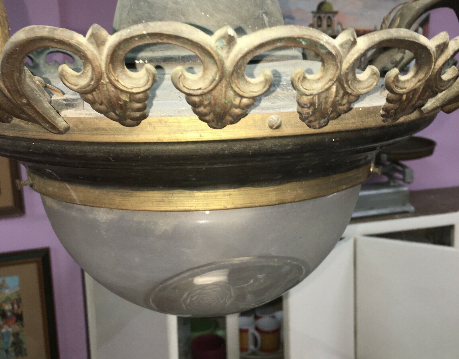 Arredi Antichi   Lampada A Sospensione Decorativa Con Vetri Incisi