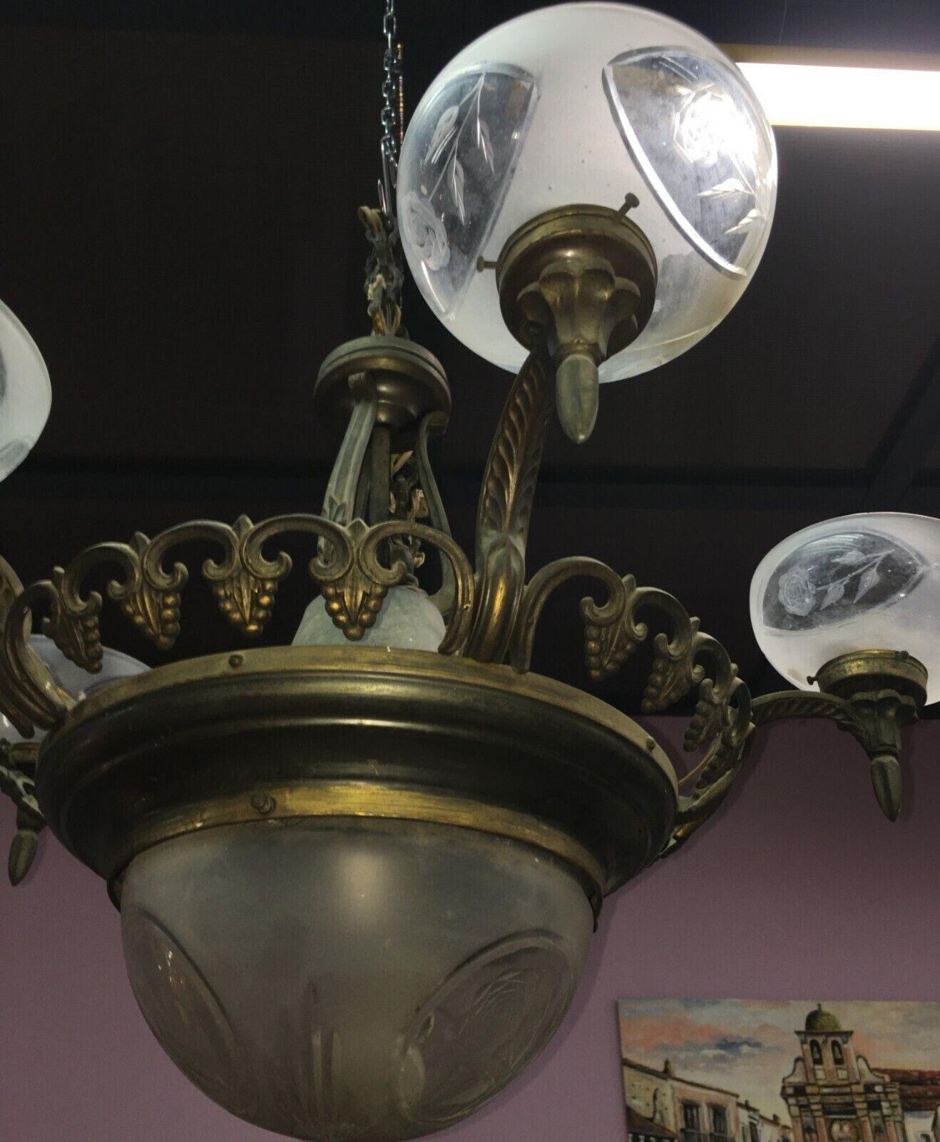 Arredi Antichi   Lampada A Sospensione Decorativa Con Vetri Incisi