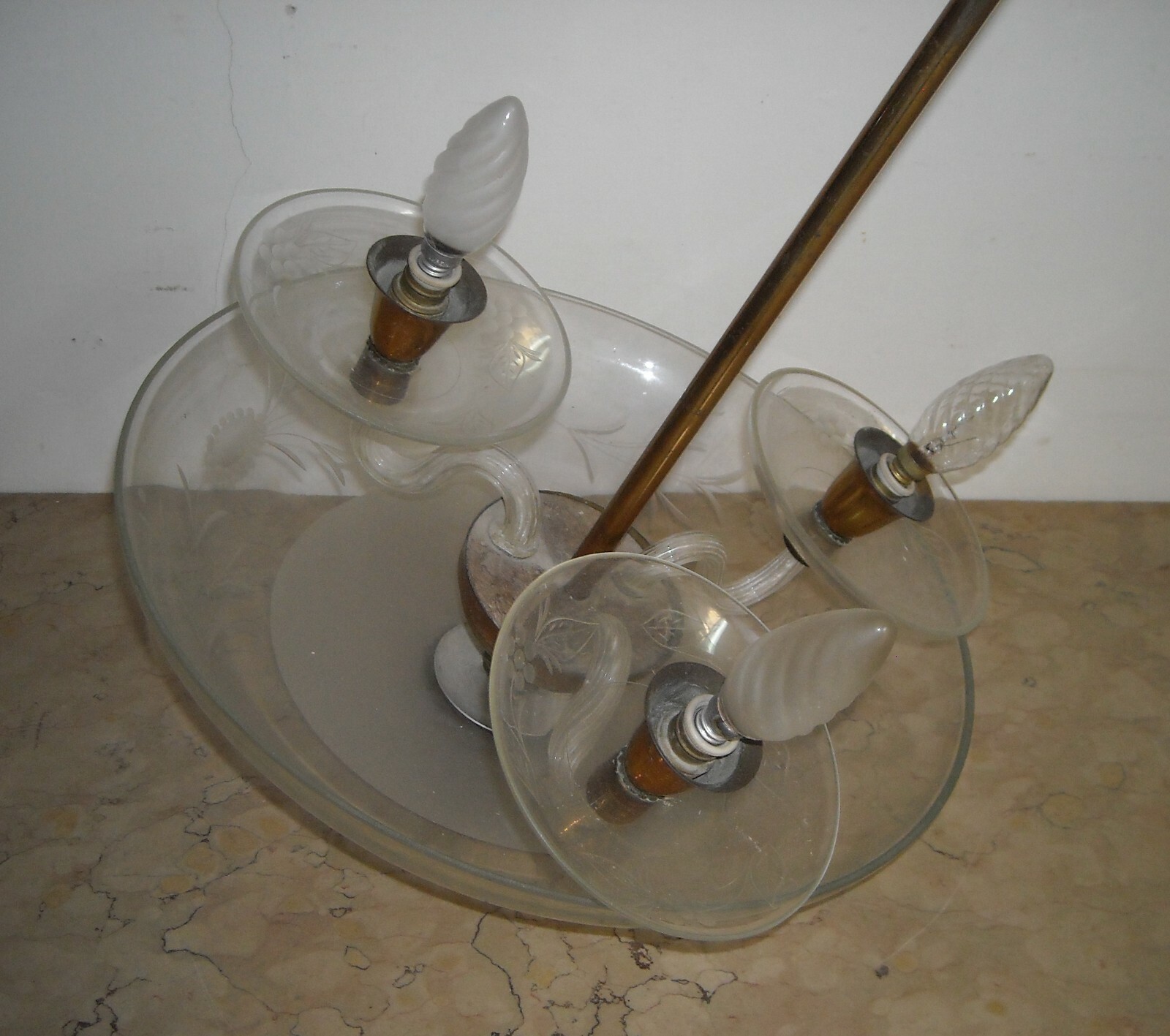 Lampadario d'Epoca Art Déco In Vetro Inciso