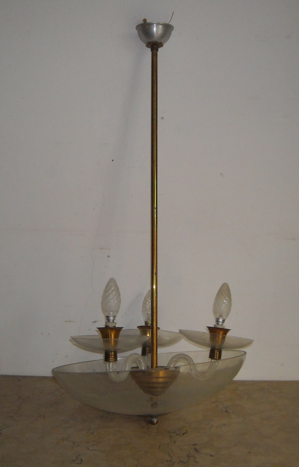 Lampadario d'Epoca Art Déco In Vetro Inciso