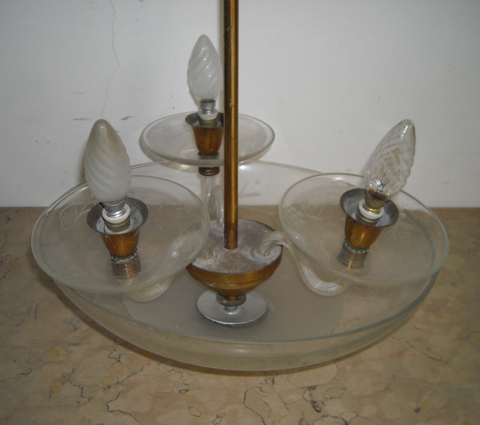 Lampadario d'Epoca Art Déco In Vetro Inciso