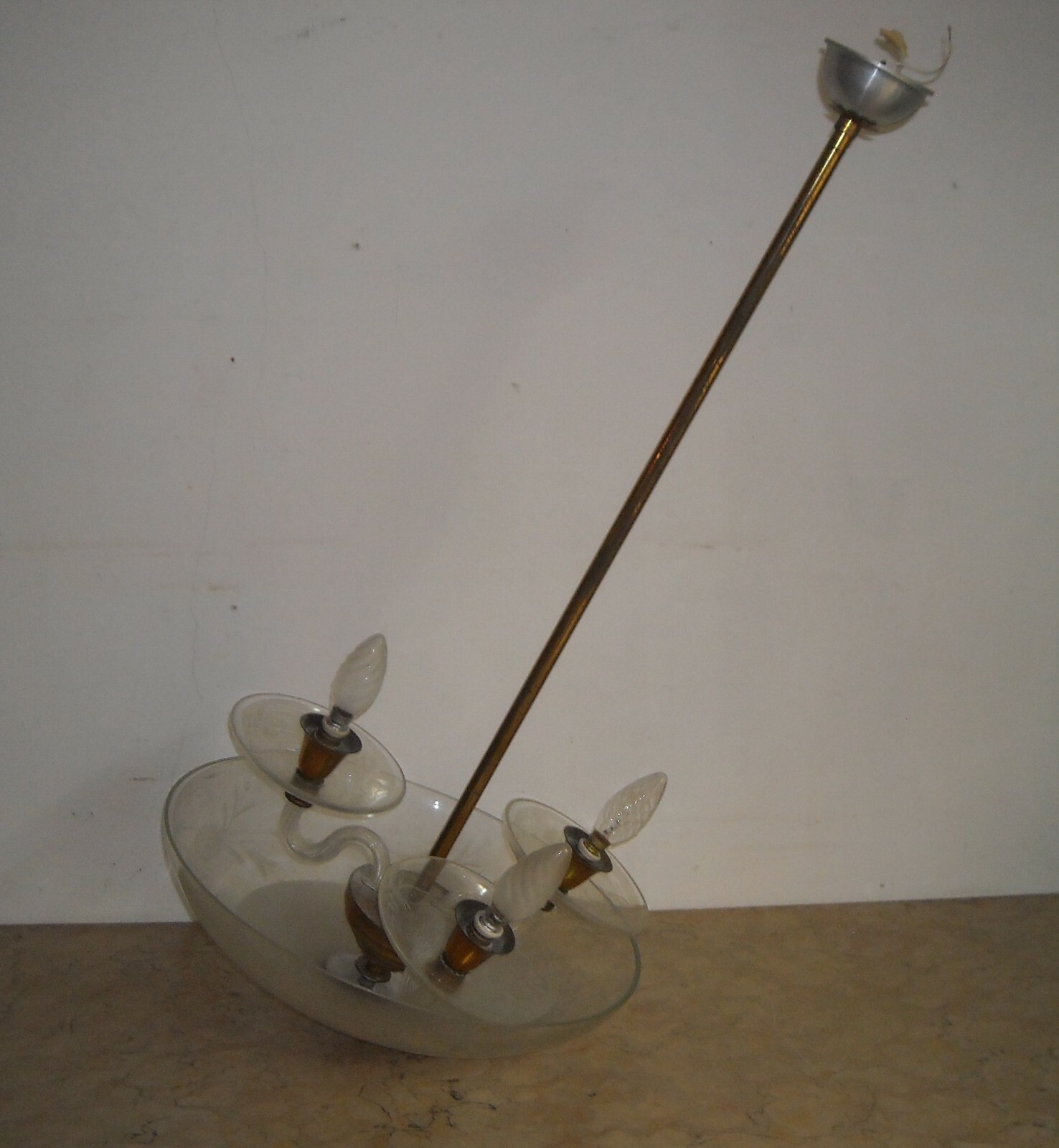 Lampadario d'Epoca Art Déco In Vetro Inciso