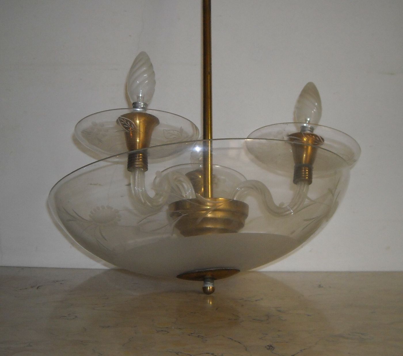 Lampadario d'Epoca Art Déco In Vetro Inciso