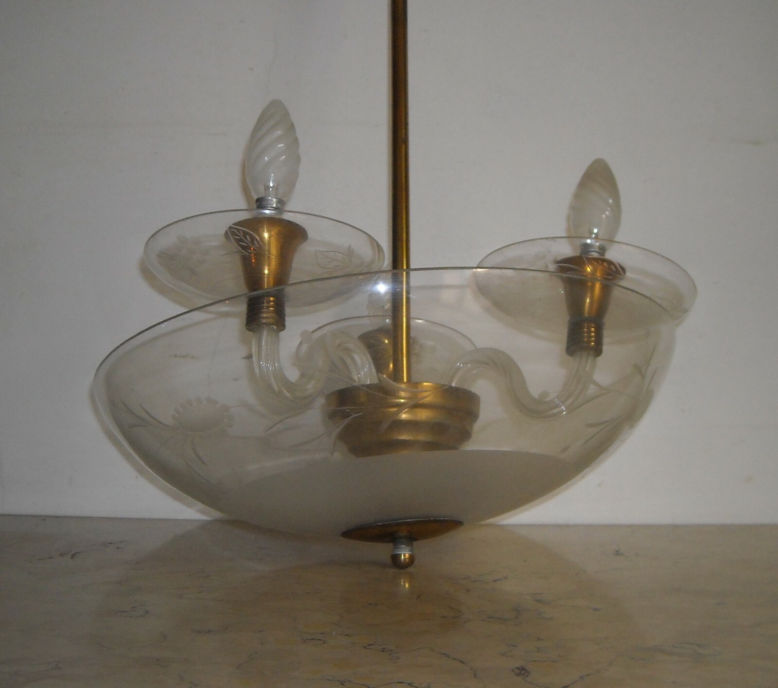 Lampadario d'Epoca Art Déco In Vetro Inciso