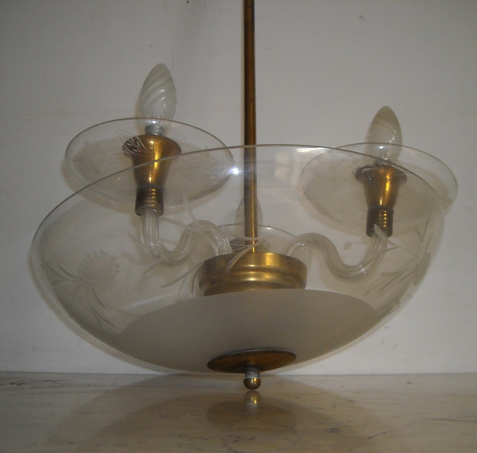 Lampadario d'Epoca Art Déco In Vetro Inciso