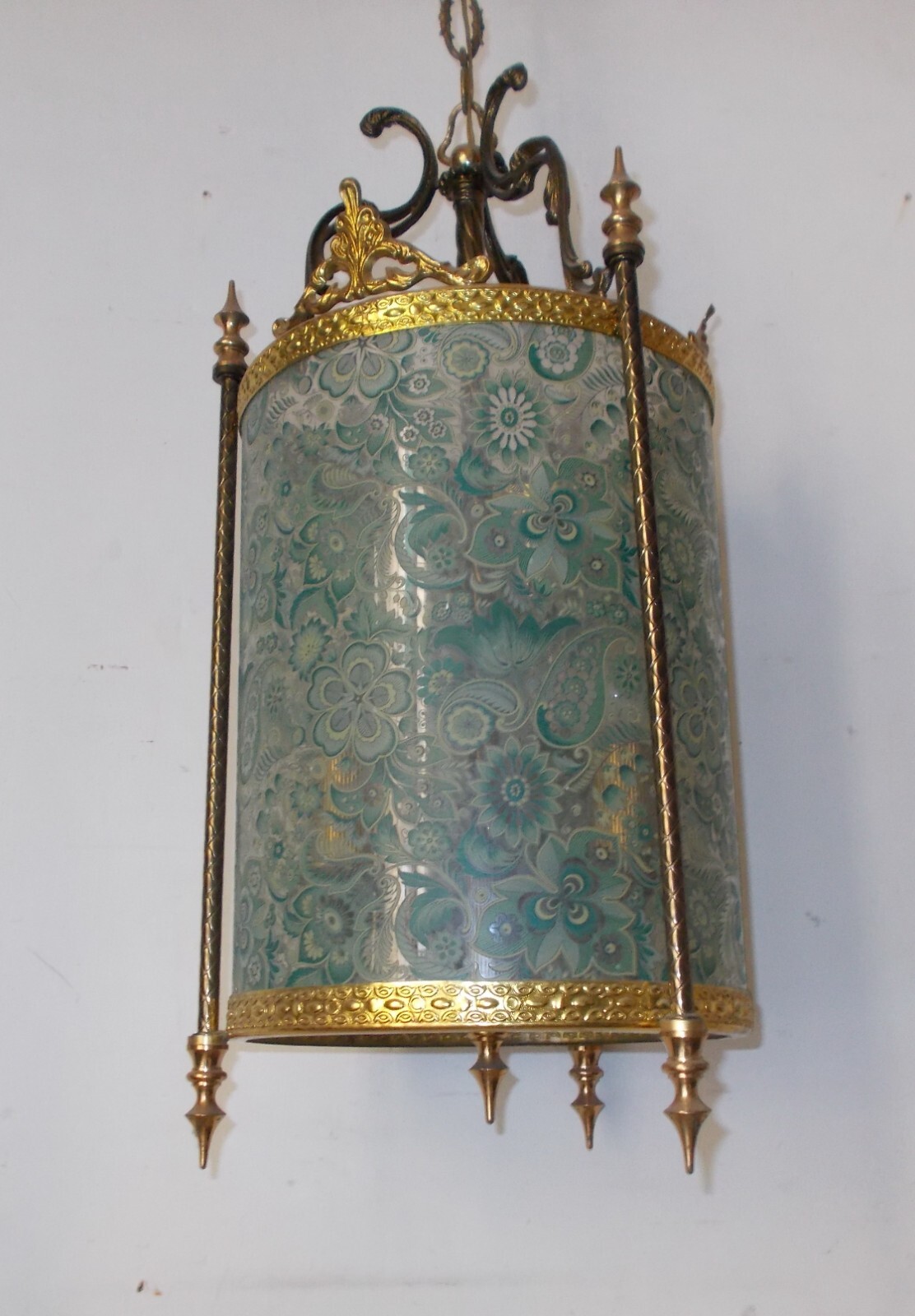 Lampadario A Sospensione In Vetro Decorato A Motivi Floreali, Anni '50