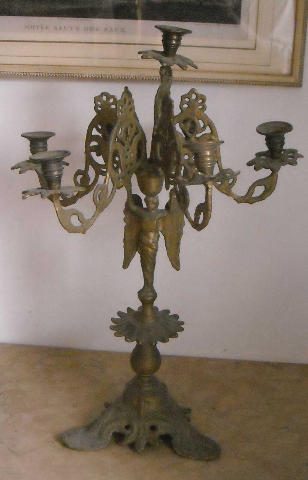 Antica Lampada Candelabro In Ottone Con Angelo, XIX Secolo