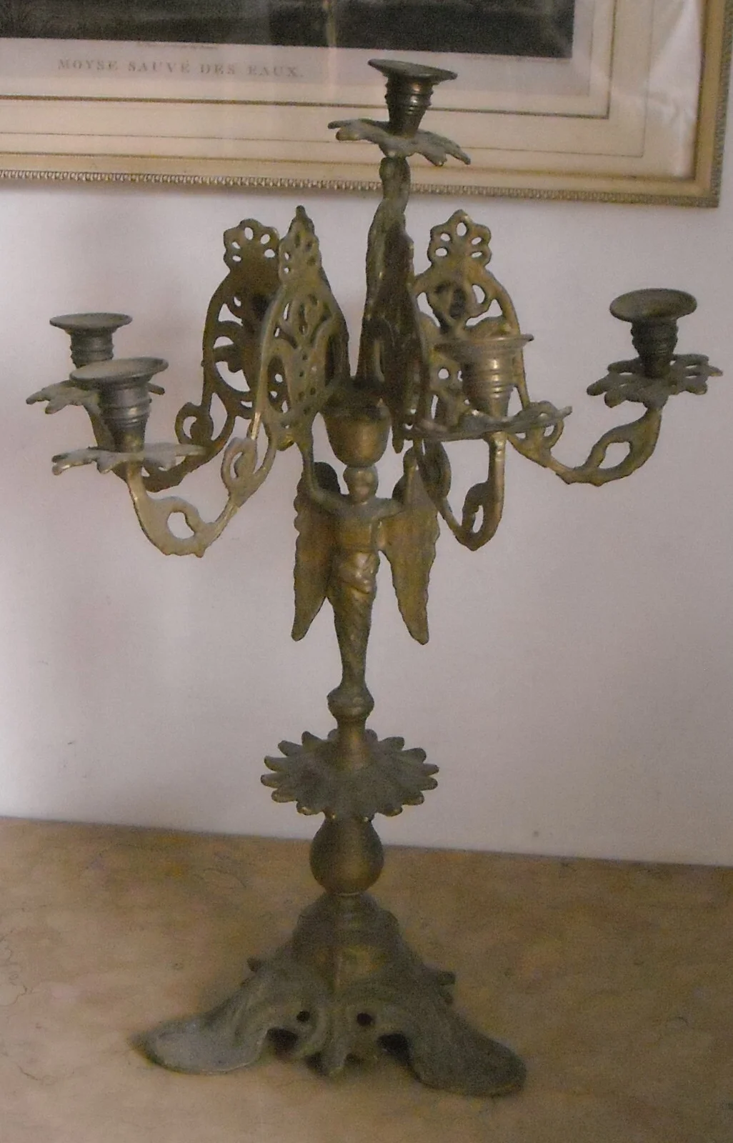 Antica Lampada Candelabro in Ottone con Angelo, Xix Secolo