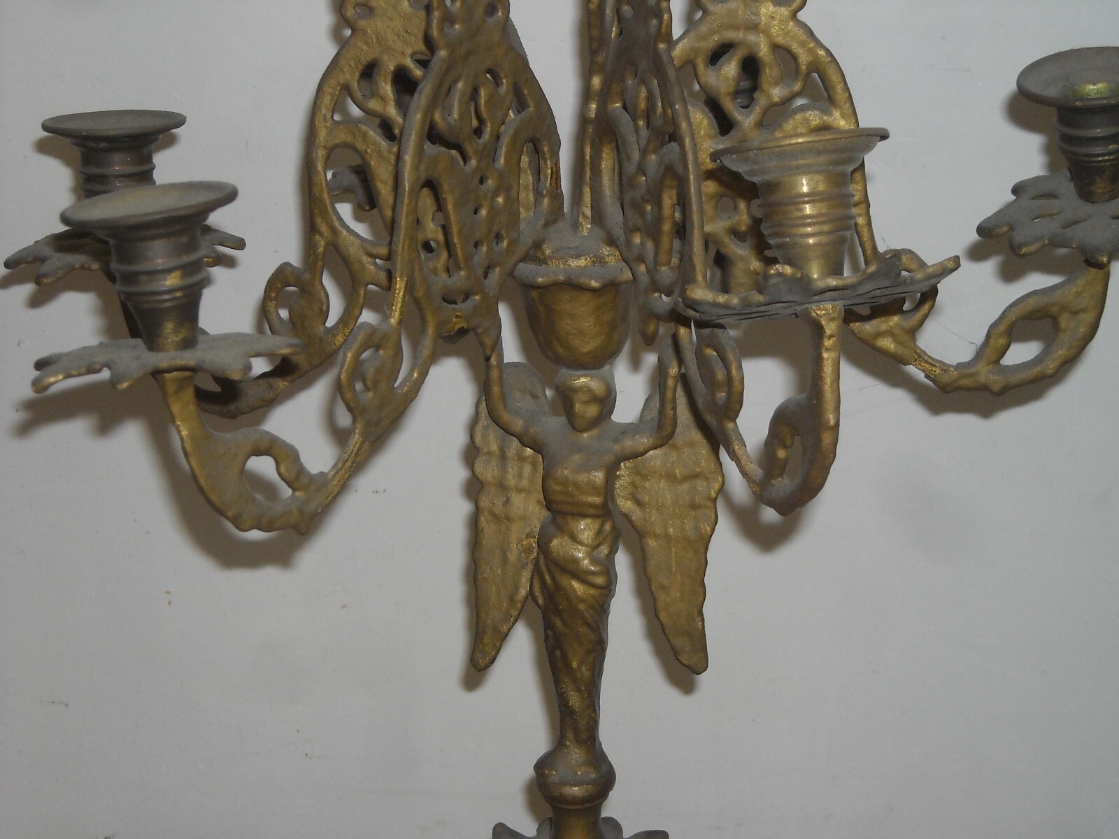 Antica Lampada Candelabro In Ottone Con Angelo, XIX Secolo