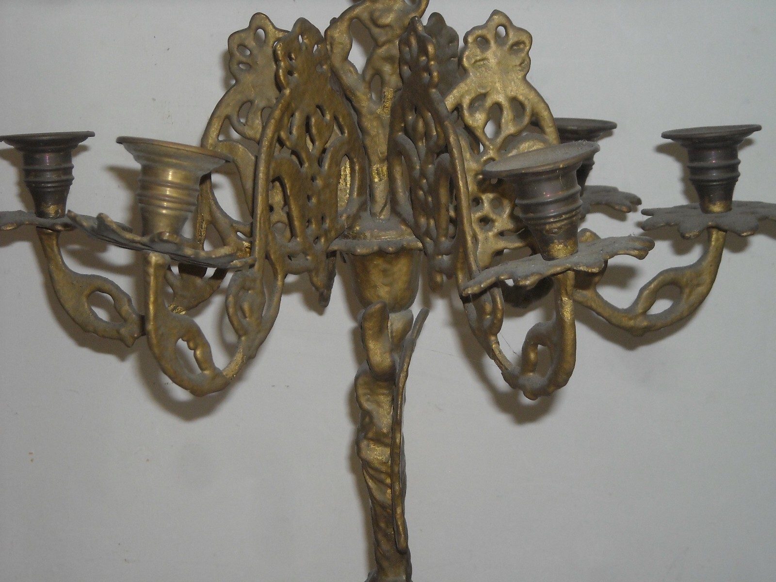 Antica Lampada Candelabro In Ottone Con Angelo, XIX Secolo