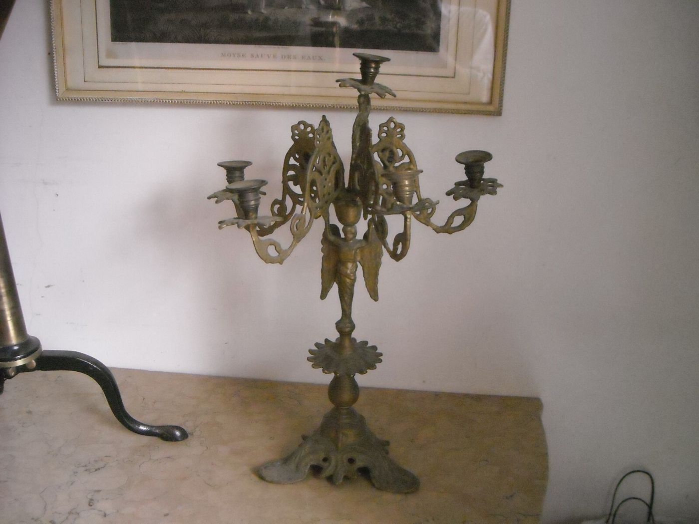 Antica Lampada Candelabro In Ottone Con Angelo, XIX Secolo
