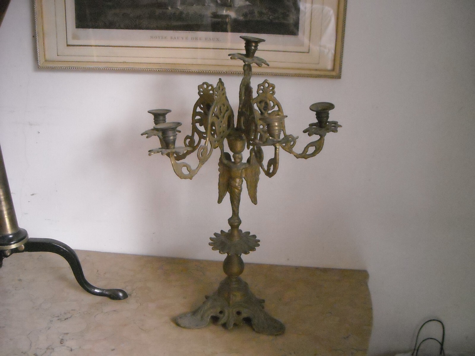 Antica Lampada Candelabro In Ottone Con Angelo, XIX Secolo