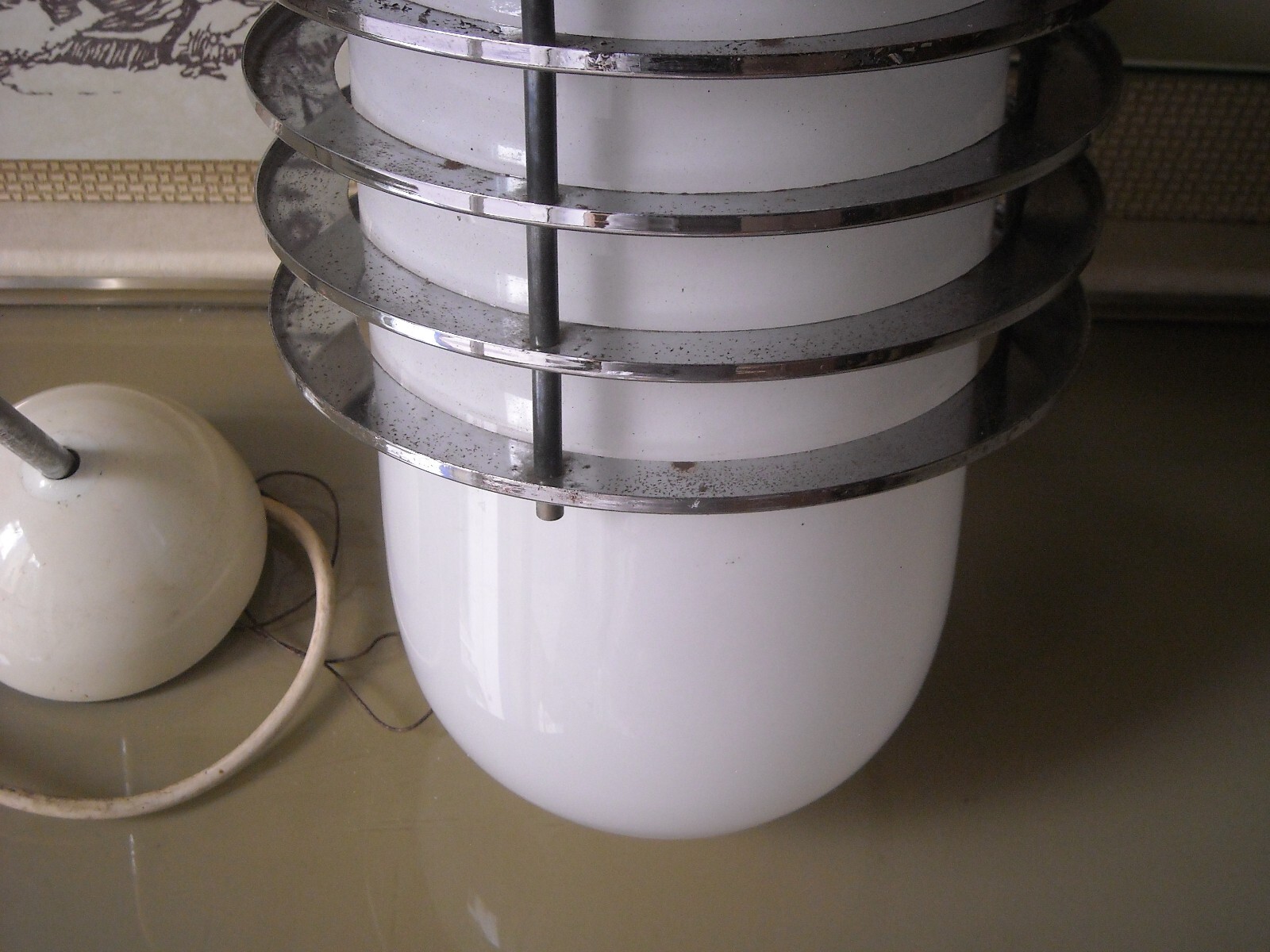 Lampada Da Soffitto In Vetro Opalescente E Metallo Cromato, Stile Fontana Arte, 1950 1970 Circa