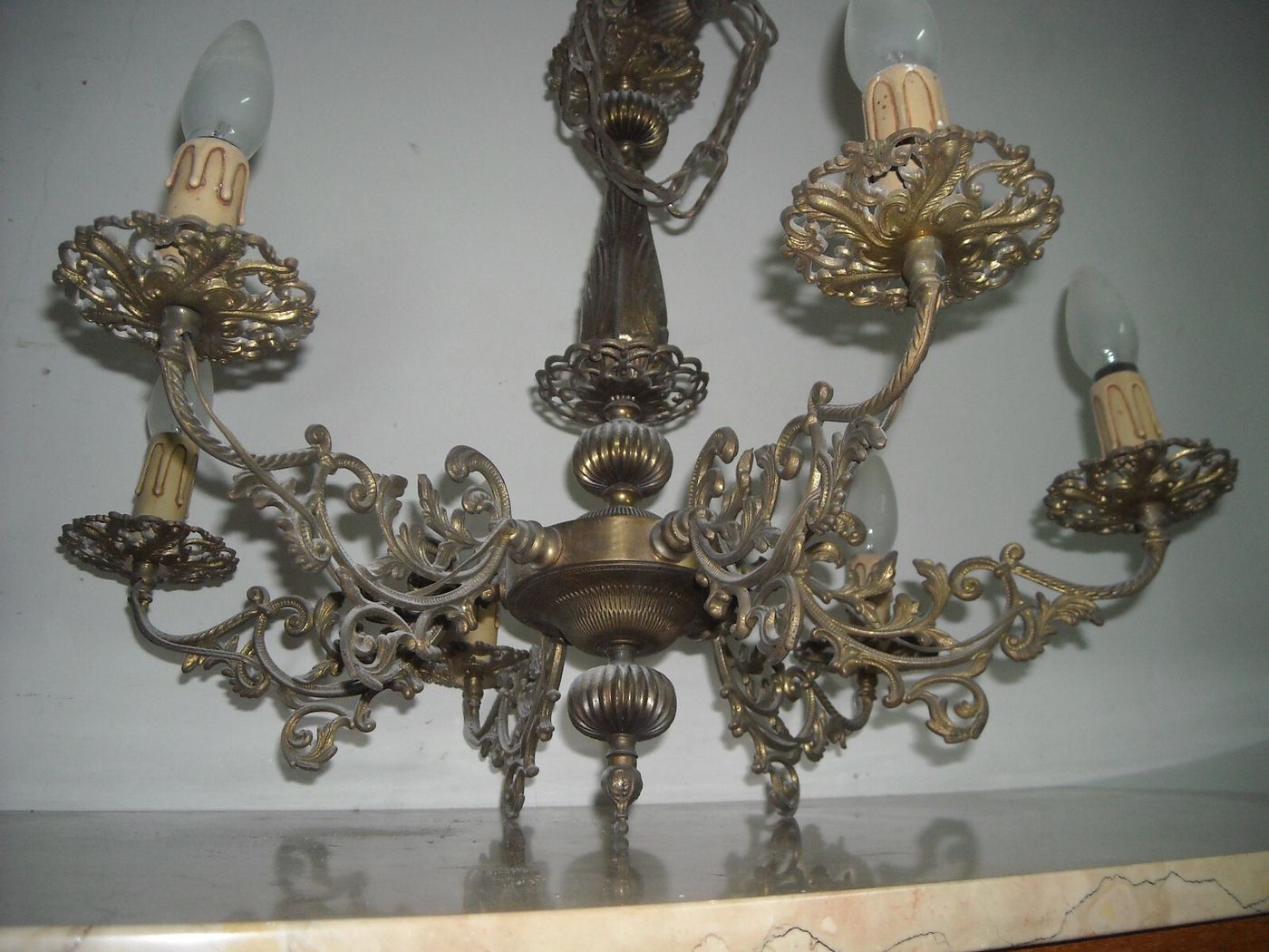 Lampadario Artistico Decorativo A Sei Luci In Metallo Bronzato