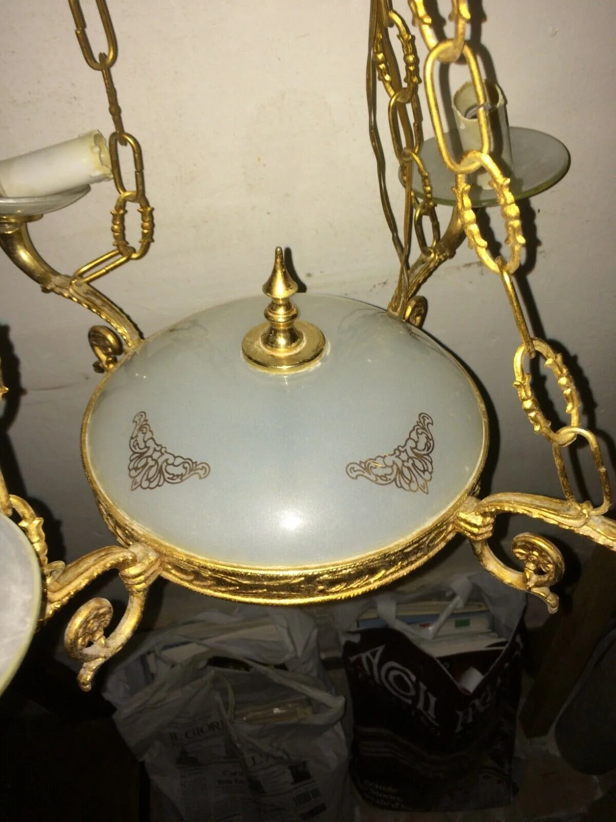 Decorative Chandelier in Gilt Metal and Opalescent Glass