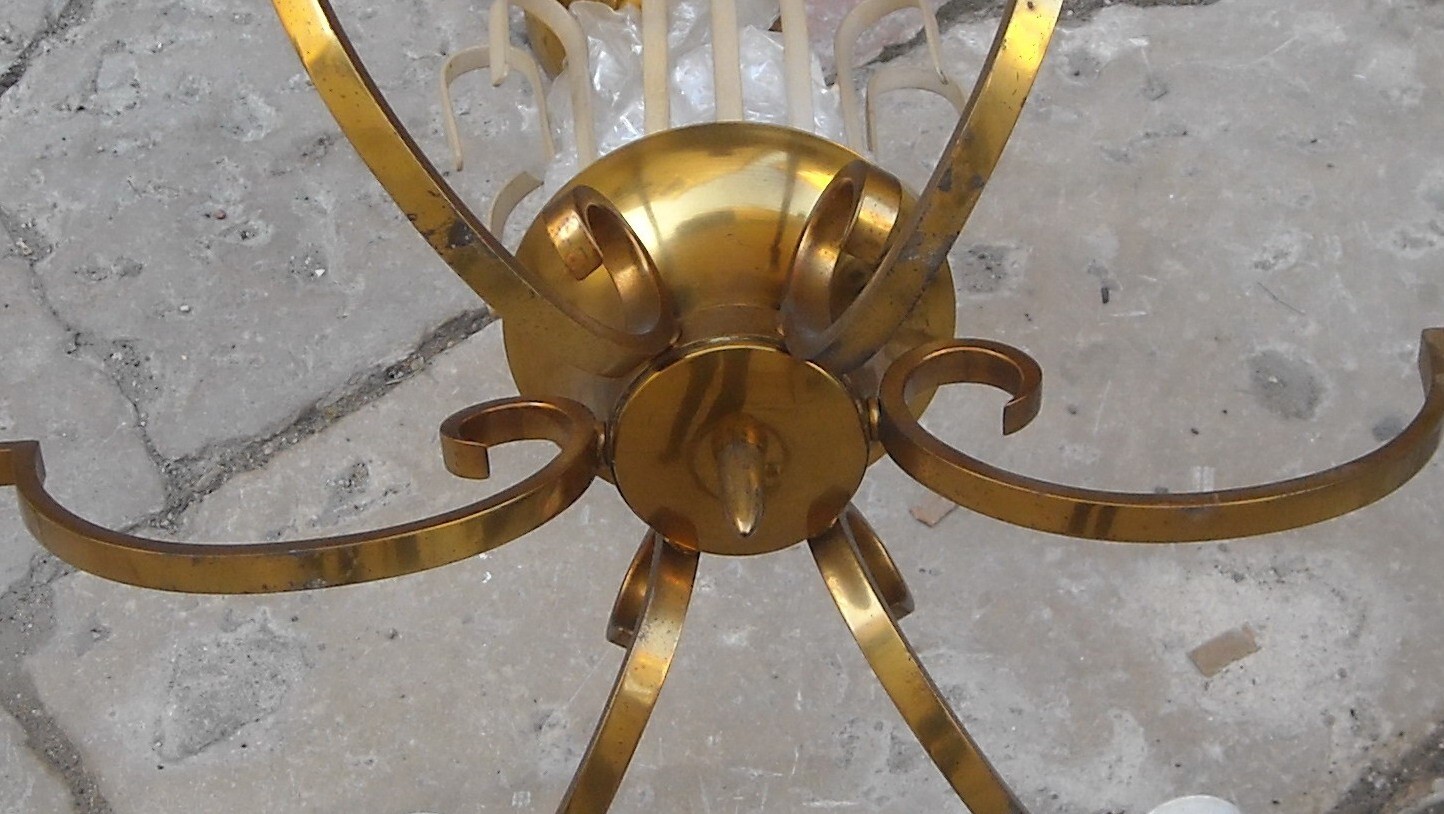 Lampadario Art Déco In Ottone Con Coppe In Vetro, Anni '30 '50