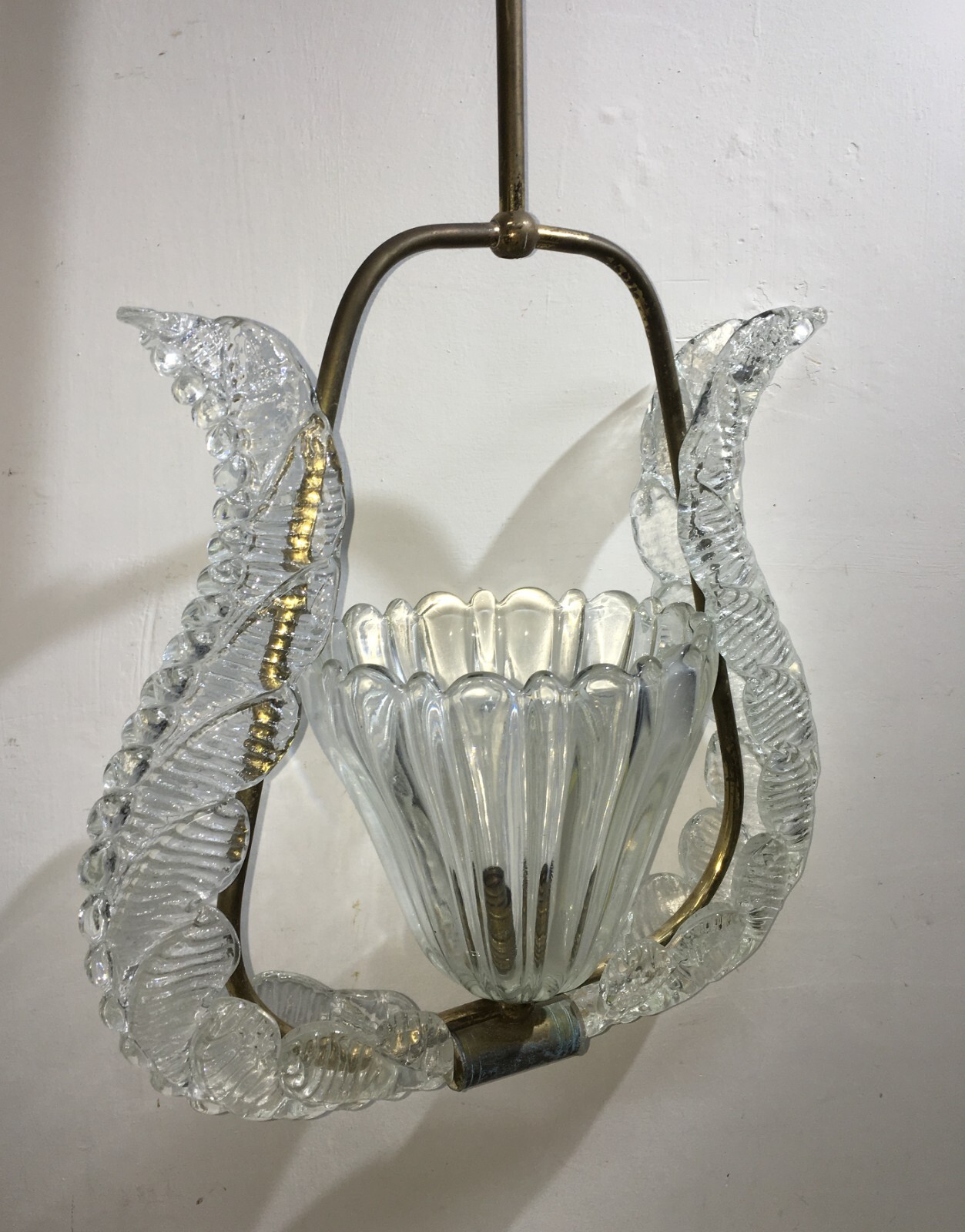 Lampada A Sospensione In Vetro Artistico Modellato E Ottone