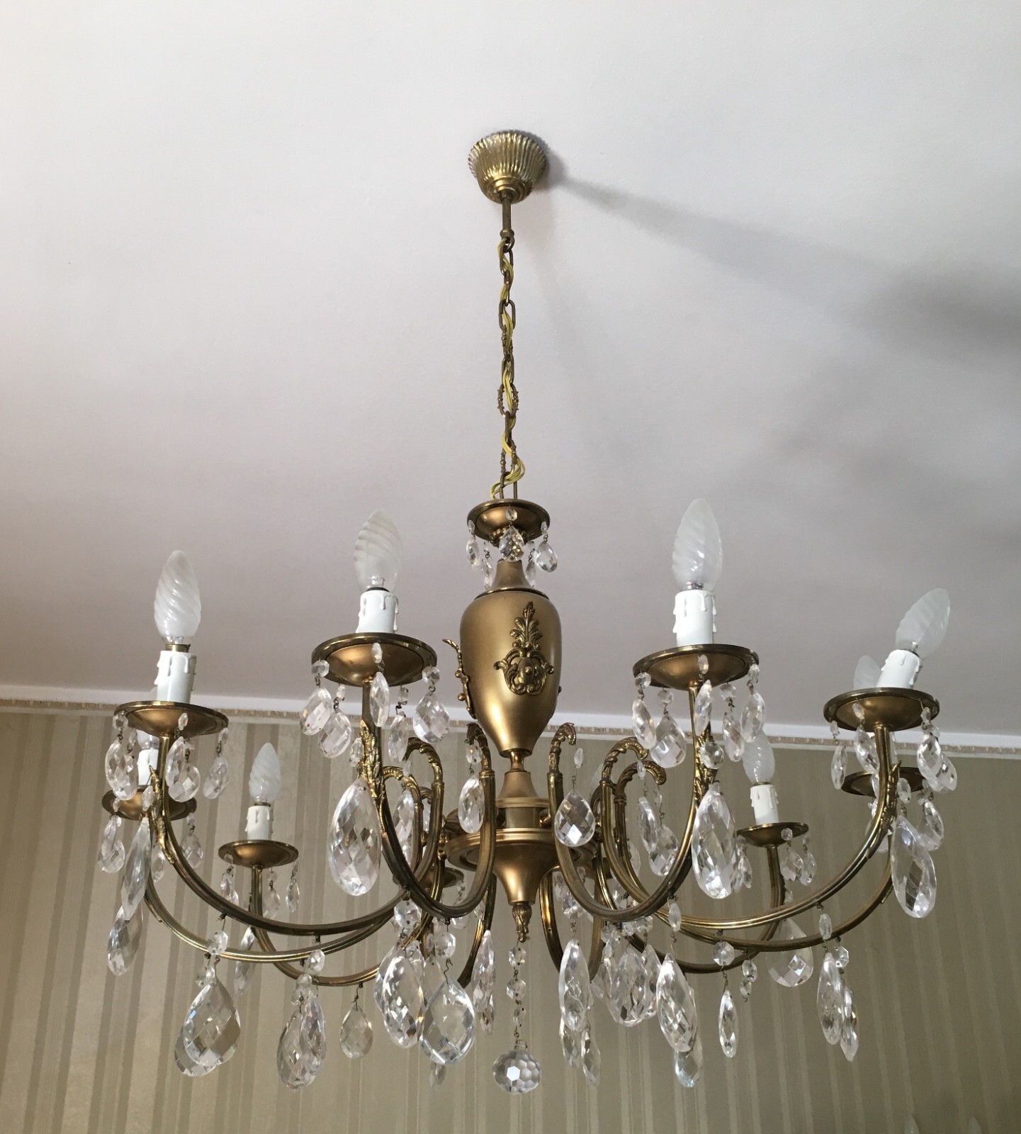 Lampadario Decorativo In Ottone Brunito E Vetro, Anni '60