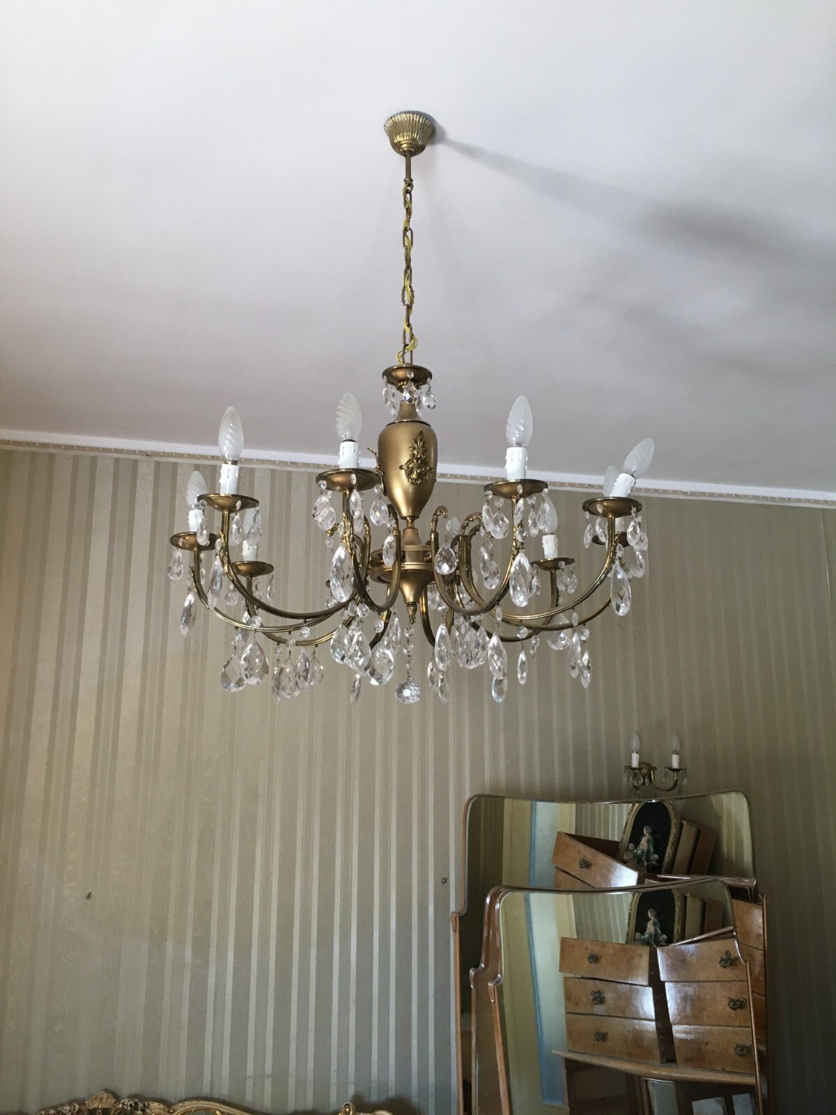 Lampadario Decorativo In Ottone Brunito E Vetro, Anni '60
